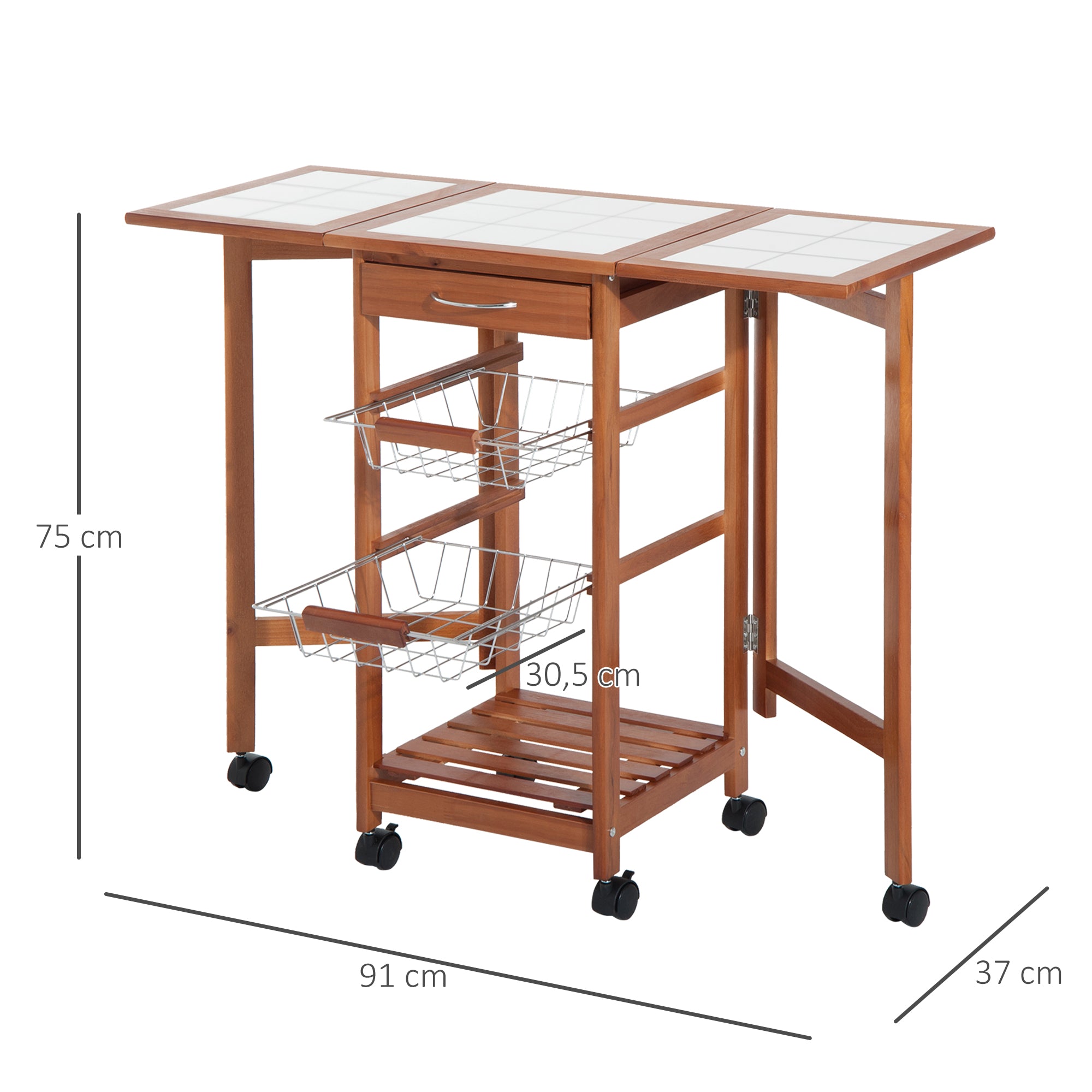 Carrinho de Cozinha Dobrável 6 Rodas 1 Gaveta 2 Cestos 91x37x75cm Cor de Madeira Natural