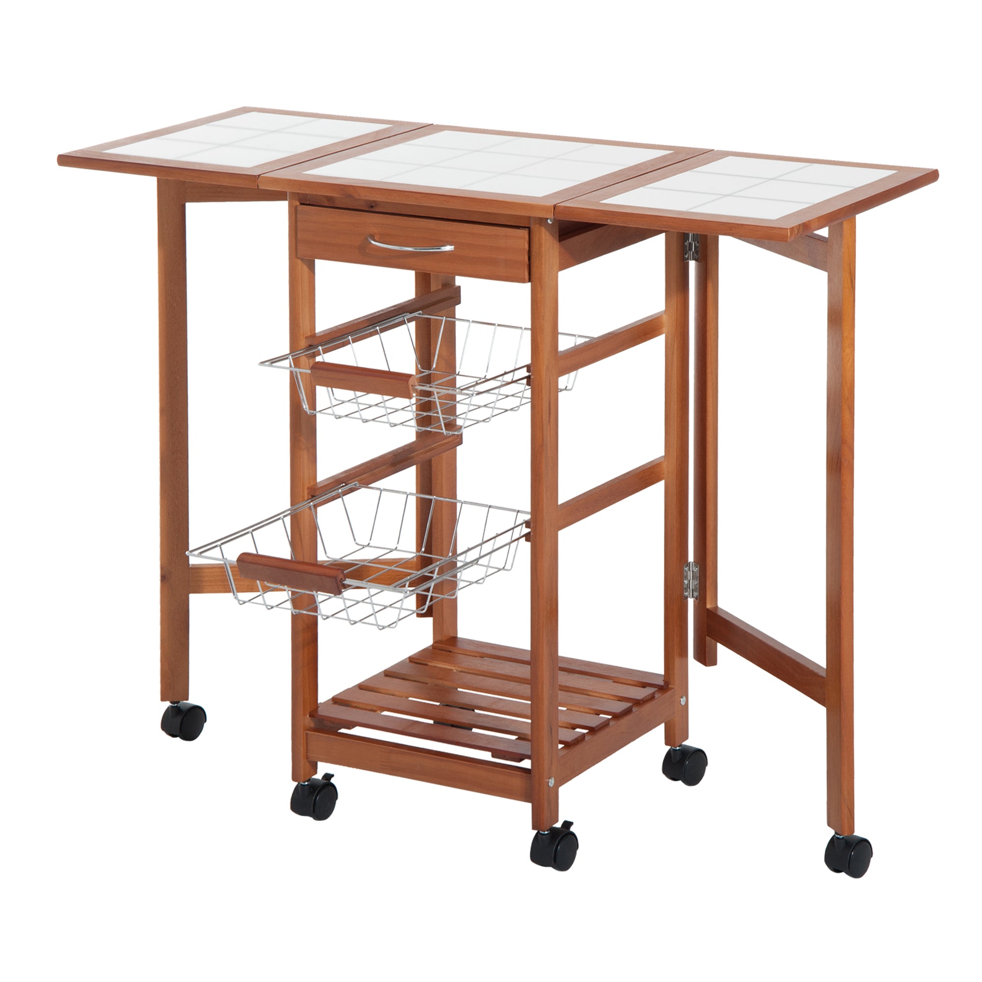 Carrinho de Cozinha Dobrável 6 Rodas 1 Gaveta 2 Cestos 91x37x75cm Cor de Madeira Natural