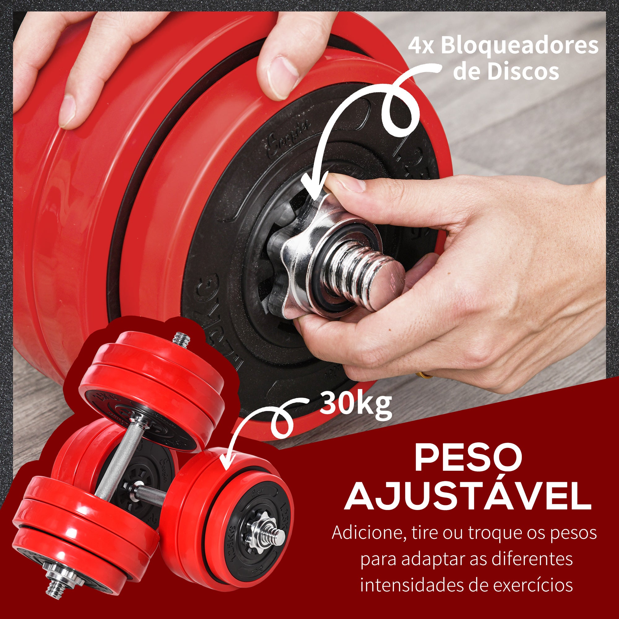 Conjunto de Halteres Ajustáveis 30kg Ø21.5x3.8cm Preto e Vermelho