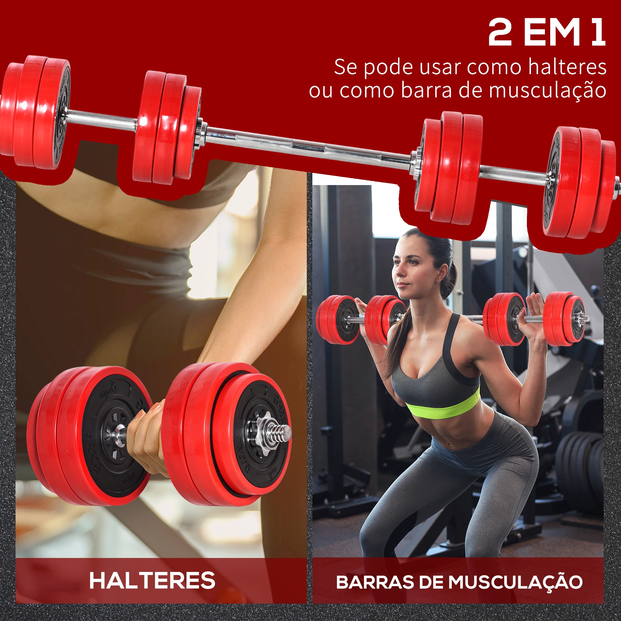 Conjunto de Halteres Ajustáveis 30kg Ø21.5x3.8cm Preto e Vermelho