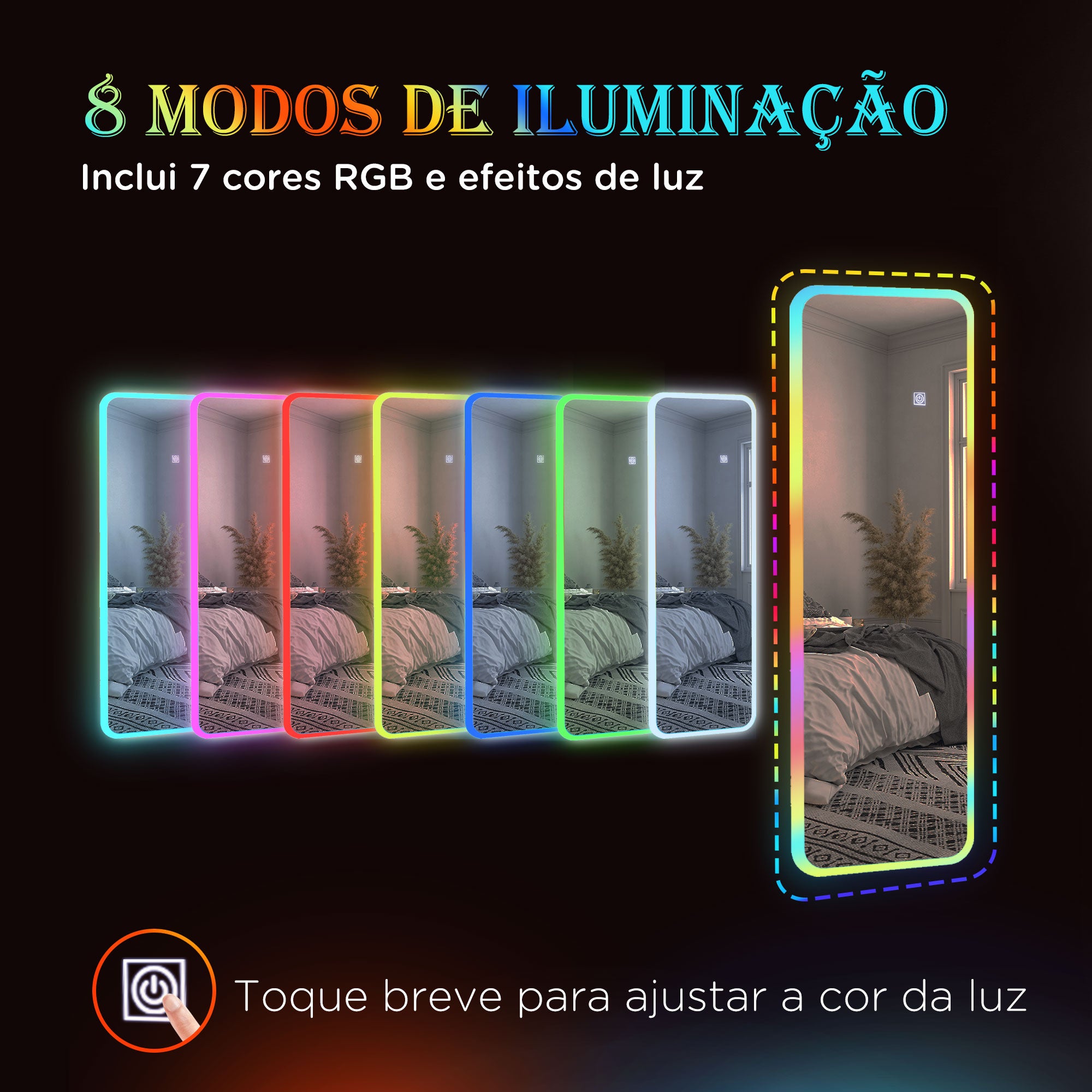 Espelho de Corpo Inteiro com Luzes LED – 120x40 cm – Prata – Vidro Temperado