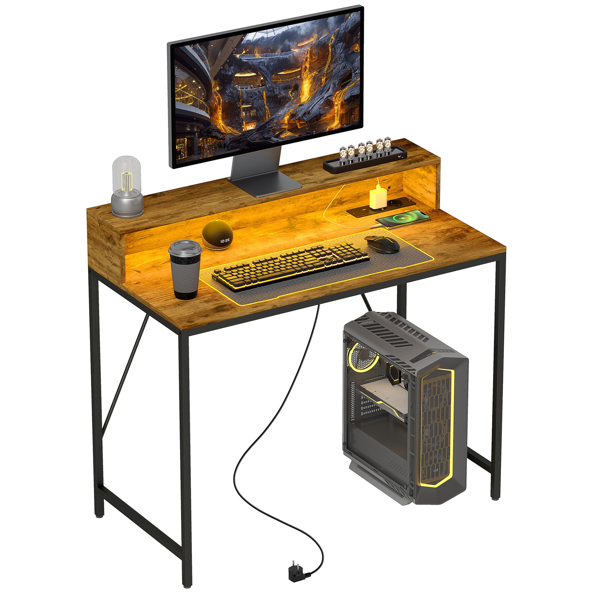 Secretária de Escritório Industrial com Luzes LED e Suporte para Monitor 100x50x90,5 cm - Castanho Rústico