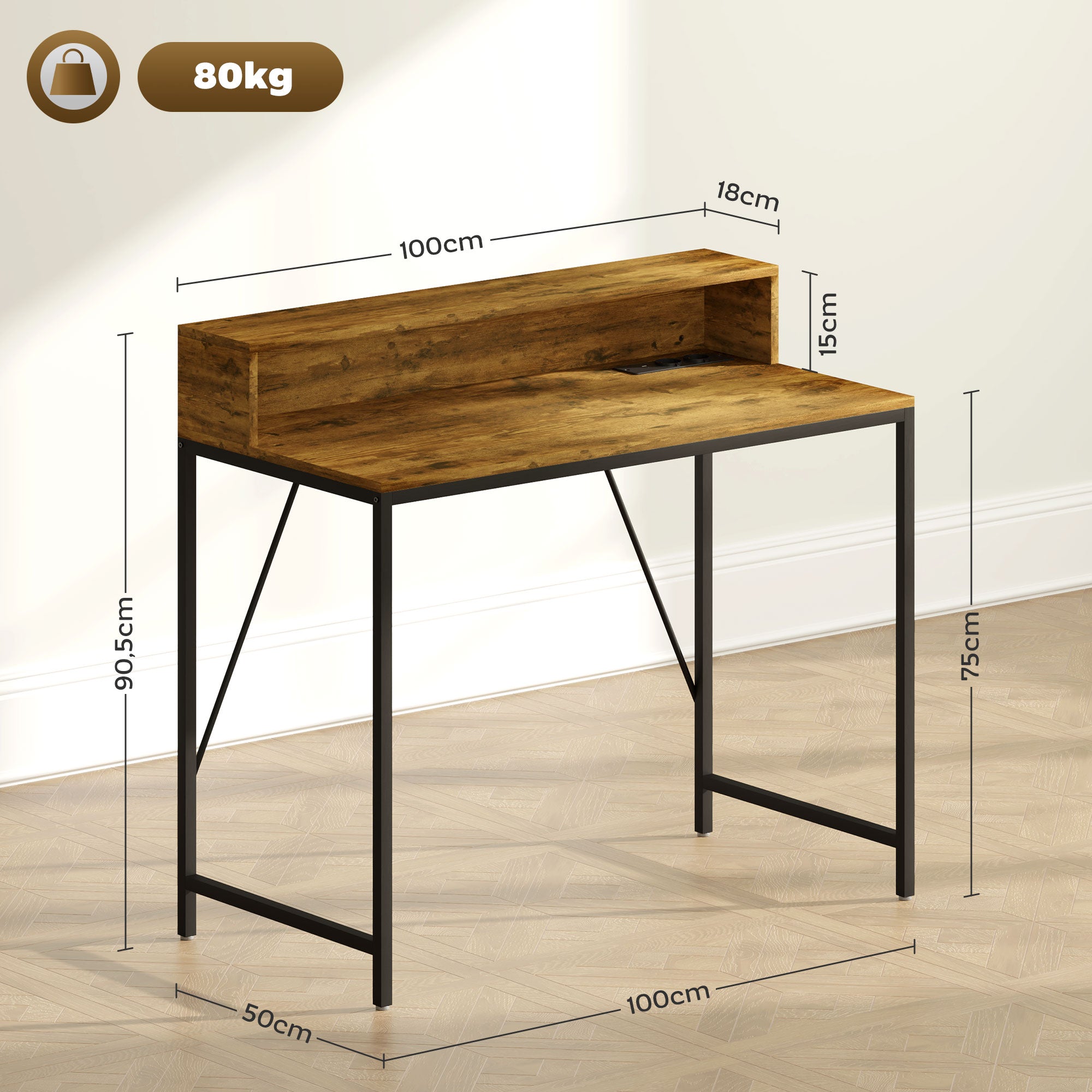 Secretária de Escritório Industrial com Luzes LED e Suporte para Monitor 100x50x90,5 cm - Castanho Rústico