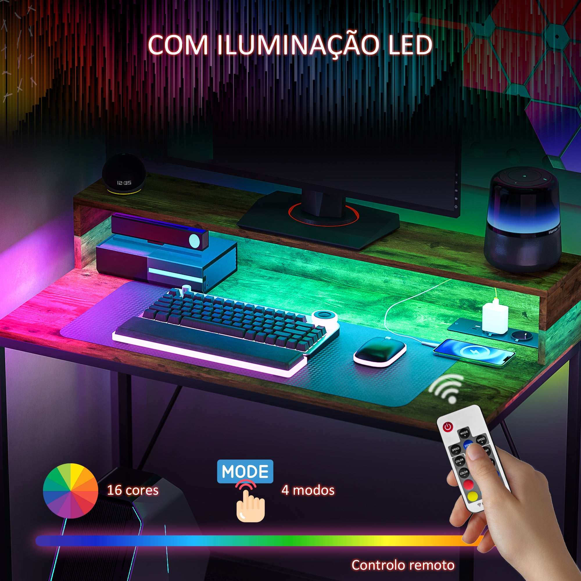 Secretária de Escritório Industrial com Luzes LED e Suporte para Monitor 100x50x90,5 cm - Castanho Rústico