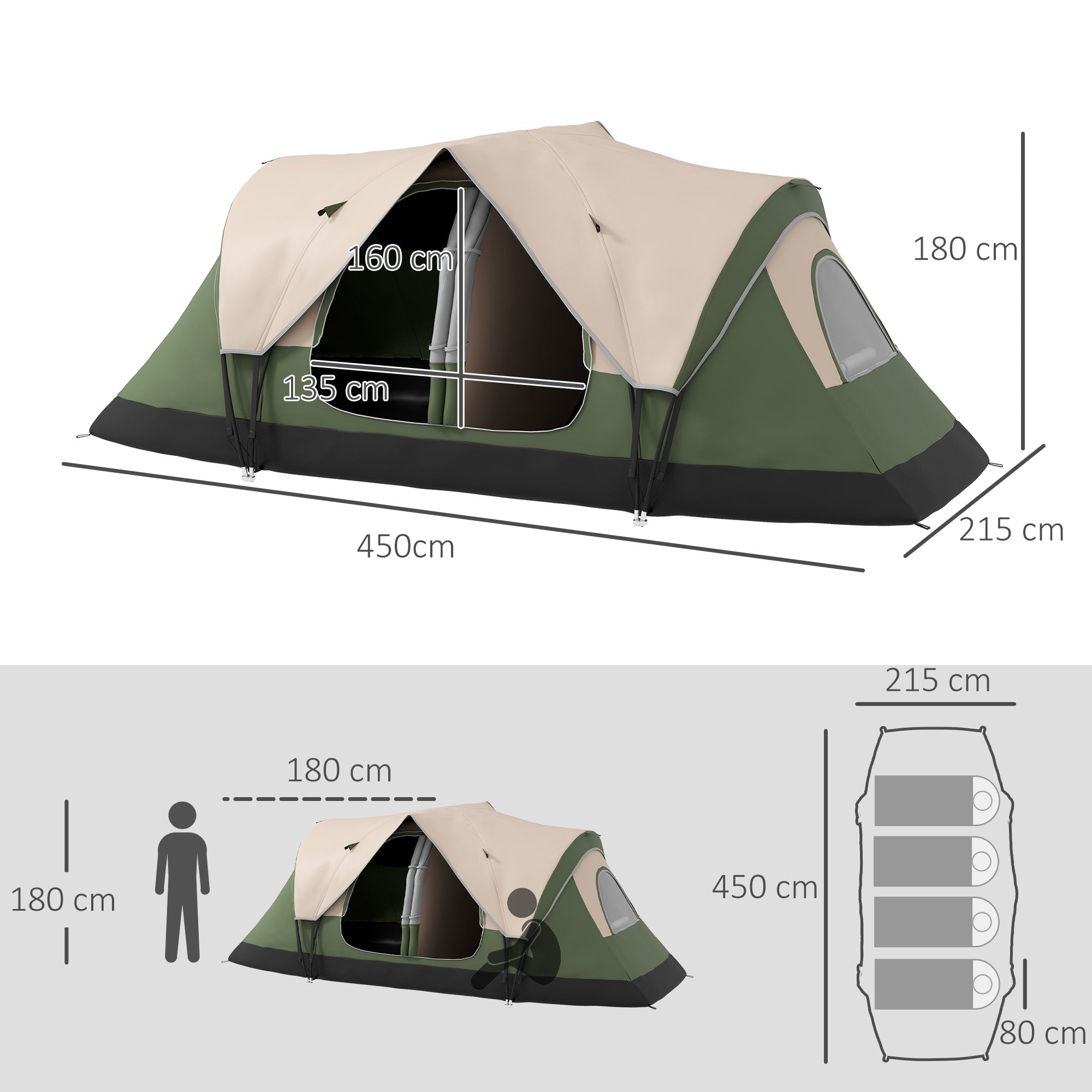 Tenda de Campismo Familiar para 4-5 Pessoas 450x215x180 cm - Verde