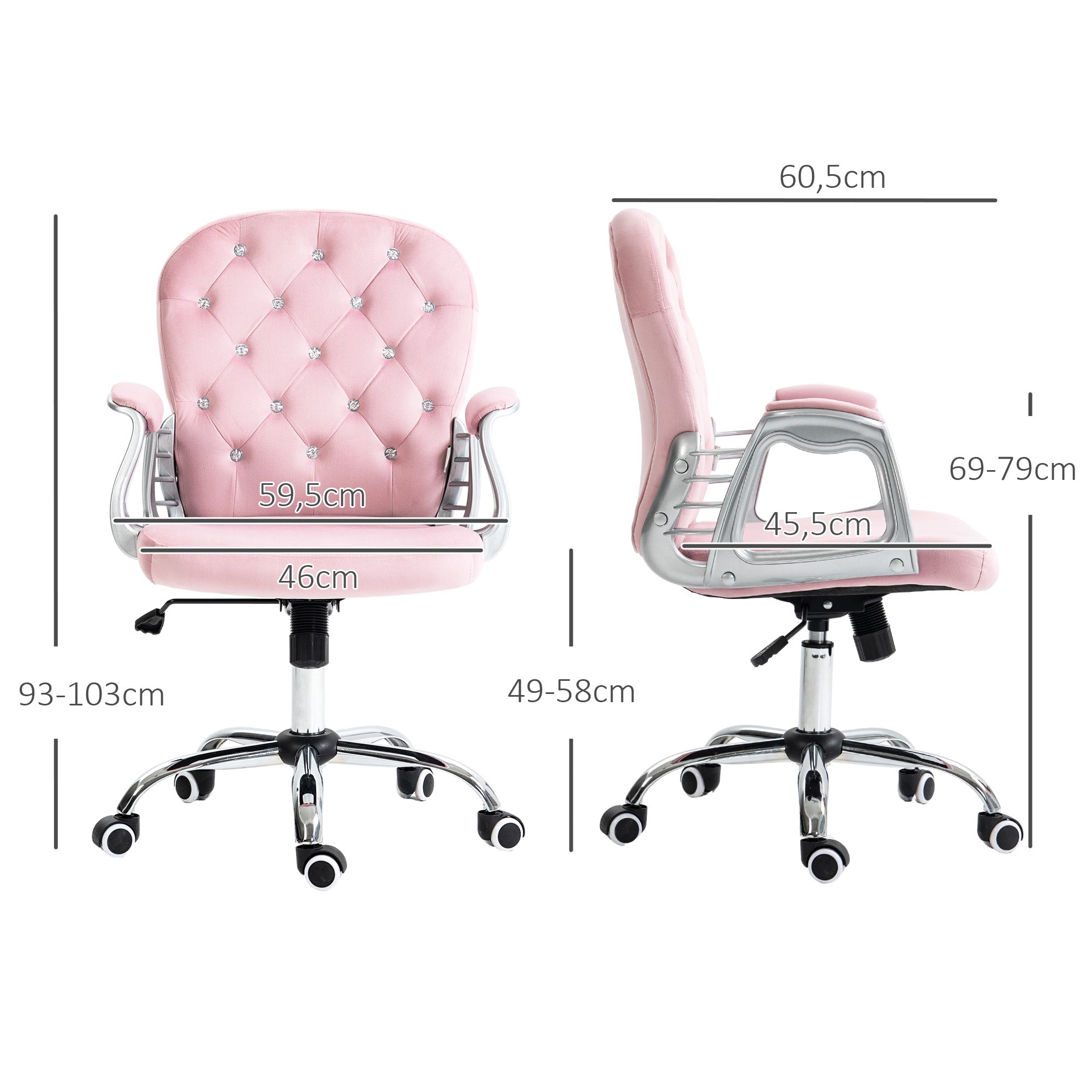 Cadeira de Escritório Estofada em Veludo Rosa 59,5x60,5x93-103 cm