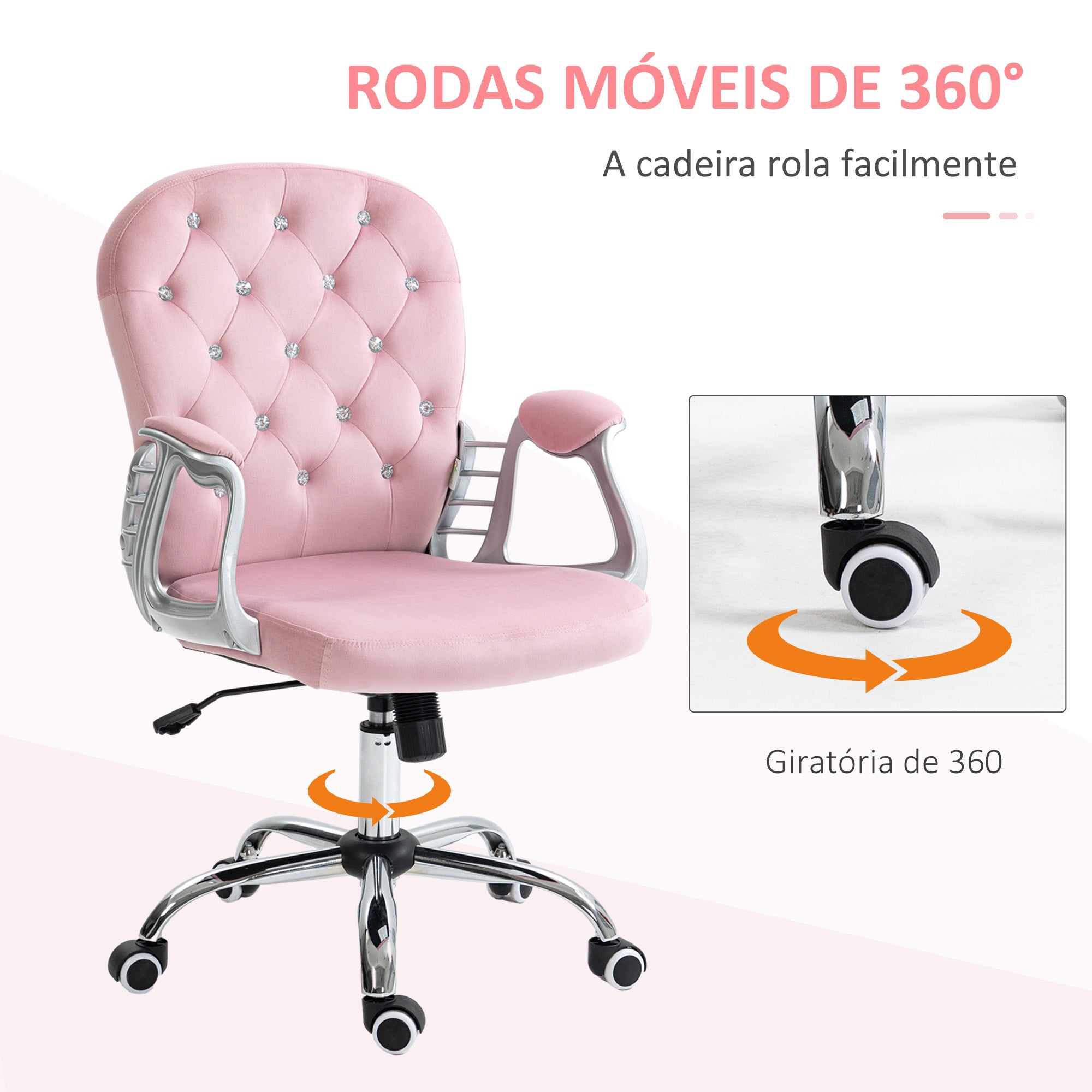 Cadeira de Escritório Estofada em Veludo Rosa 59,5x60,5x93-103 cm