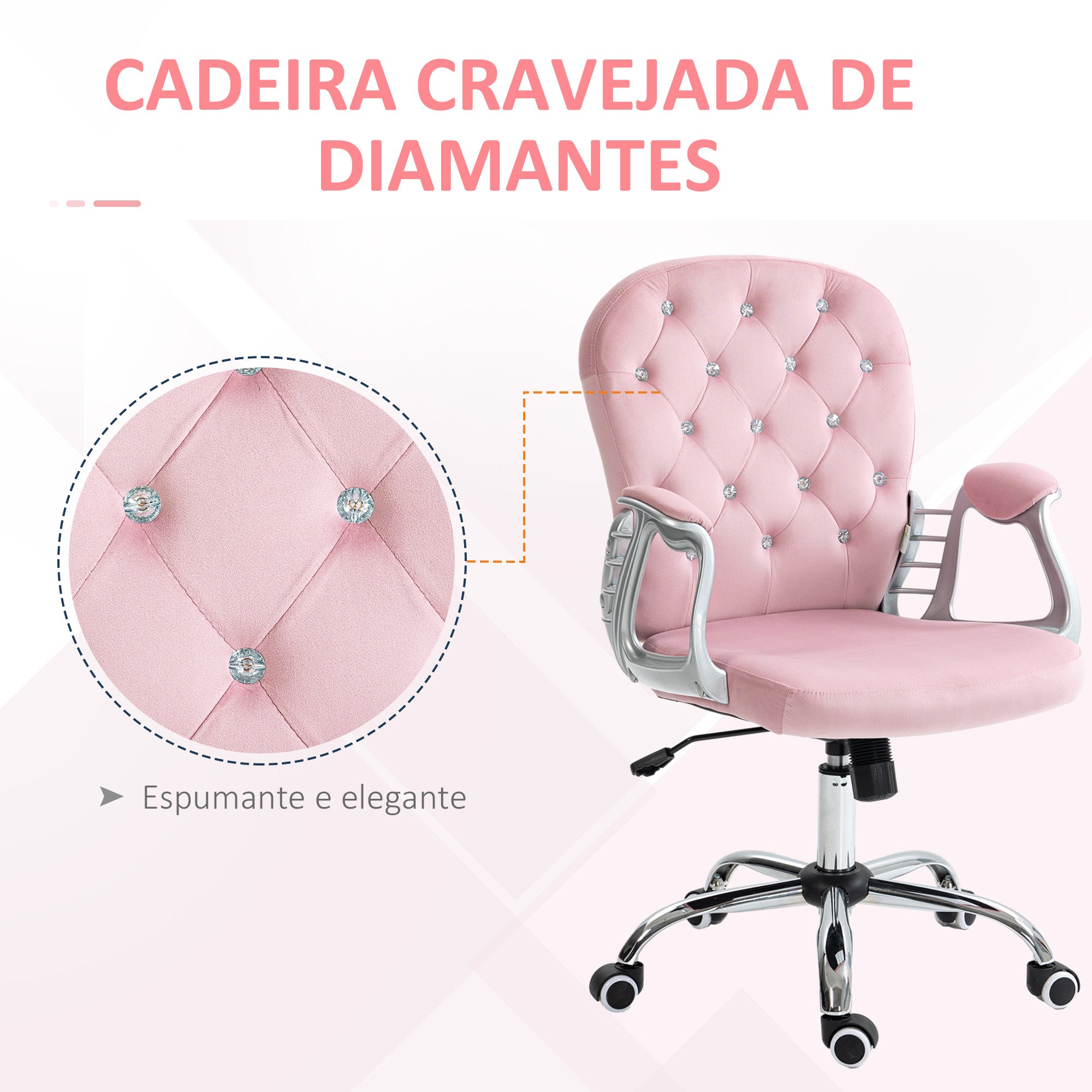 Cadeira de Escritório Estofada em Veludo Rosa 59,5x60,5x93-103 cm