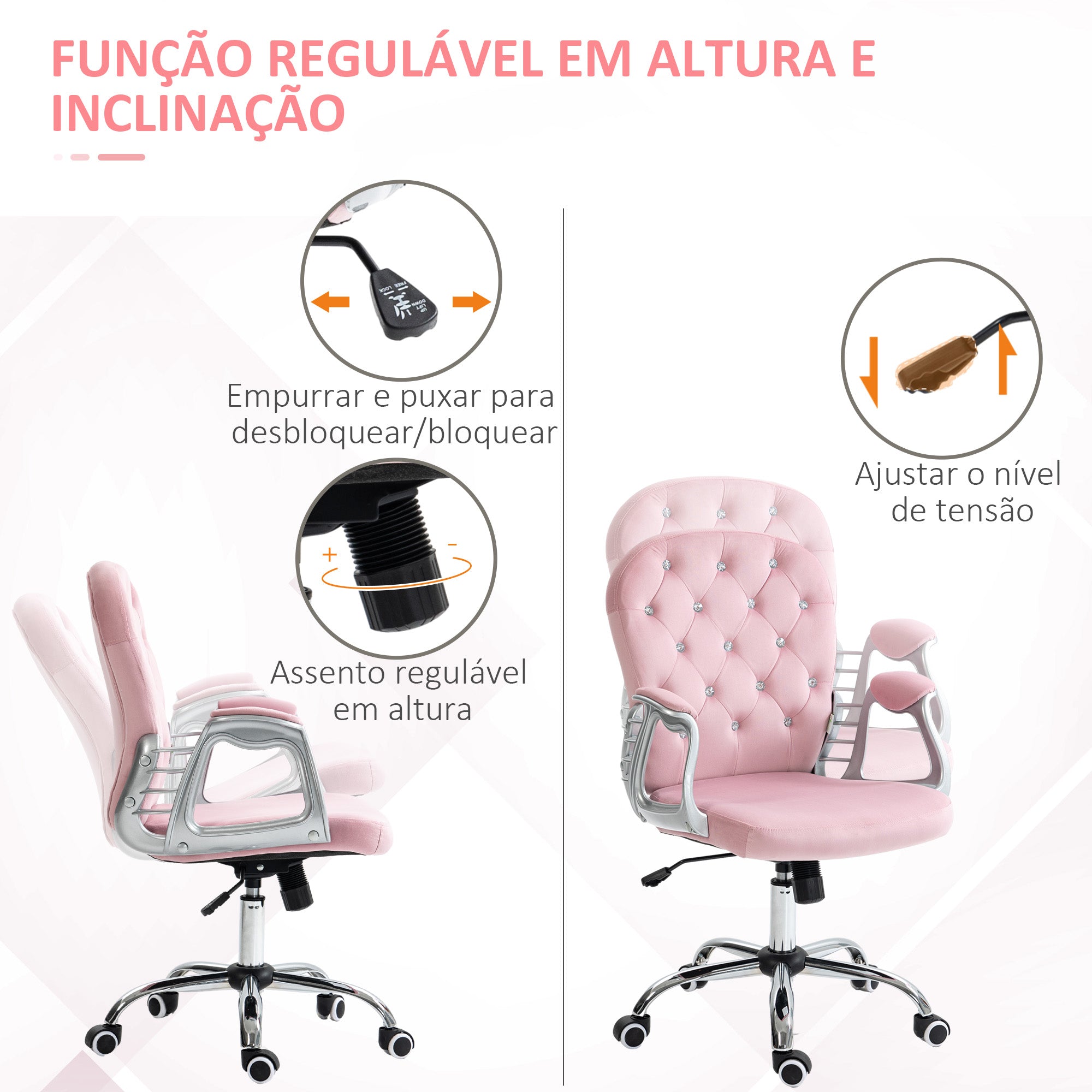 Cadeira de Escritório Estofada em Veludo Rosa 59,5x60,5x93-103 cm
