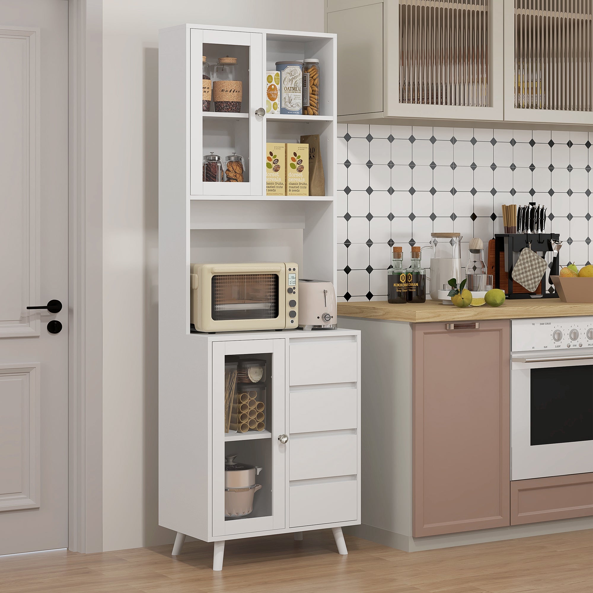 Armário de Cozinha Branco com Portas de Vidro Temperado 60x35x180 cm