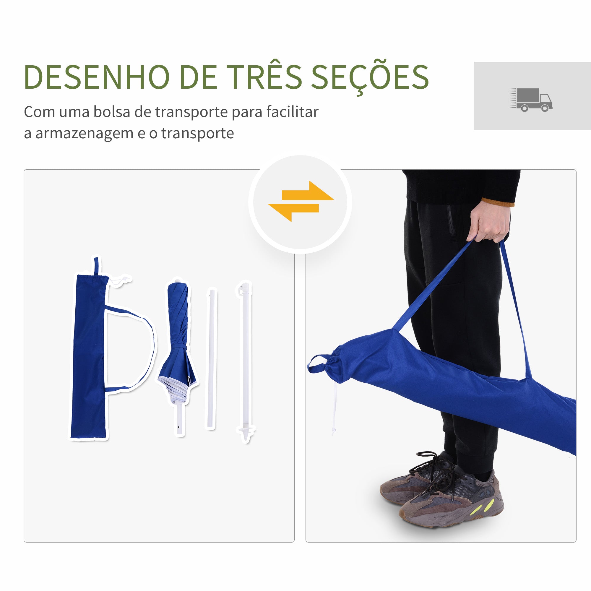 Chapéu de Sol de Praia Grande Azul Ø160x205 cm Proteção UV Impermeável e Bolsa de Transporte