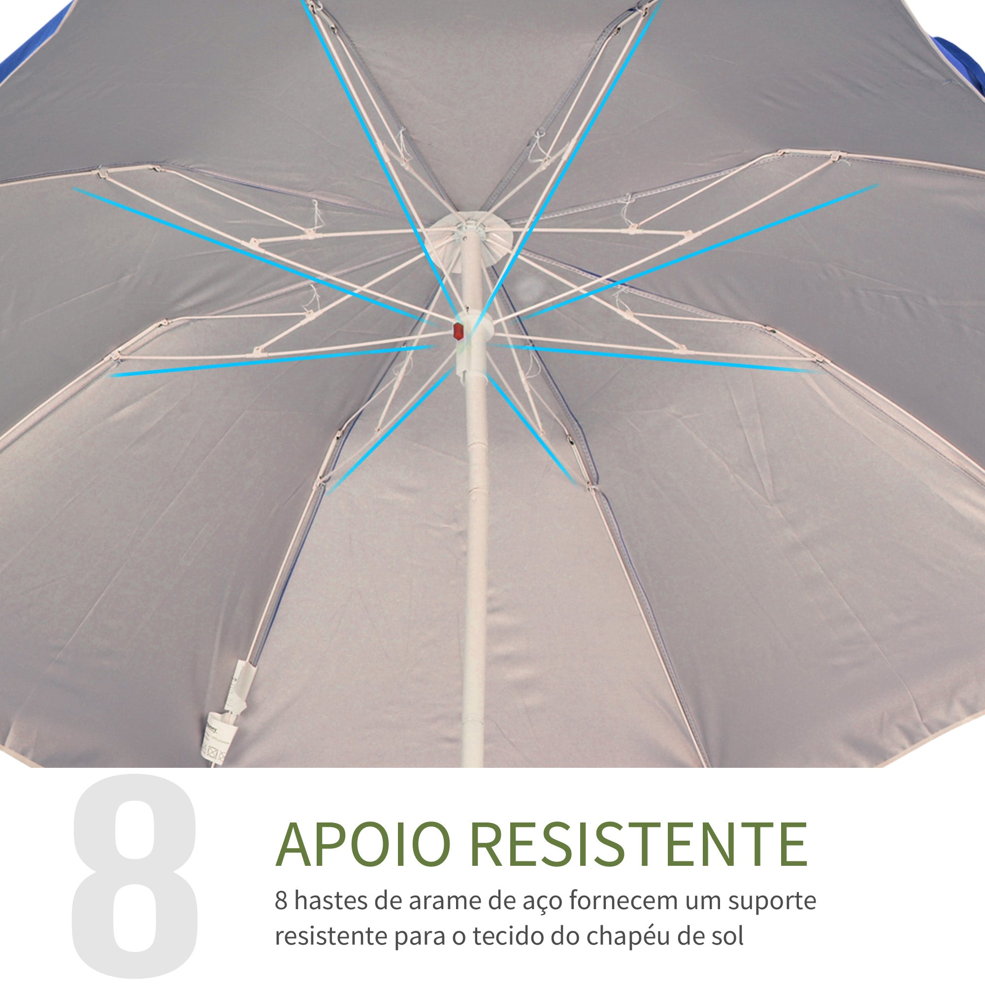 Chapéu de Sol de Praia Grande Azul Ø160x205 cm Proteção UV Impermeável e Bolsa de Transporte