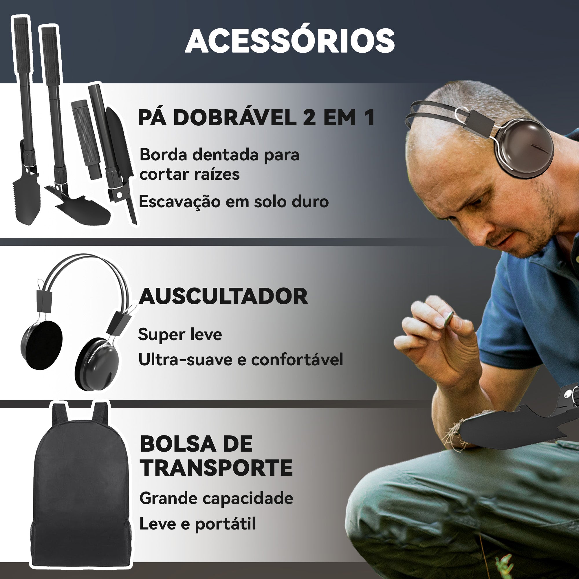 Detector de Metais IP68 com 5 Modos 28x21x48-130 cm Cinzento