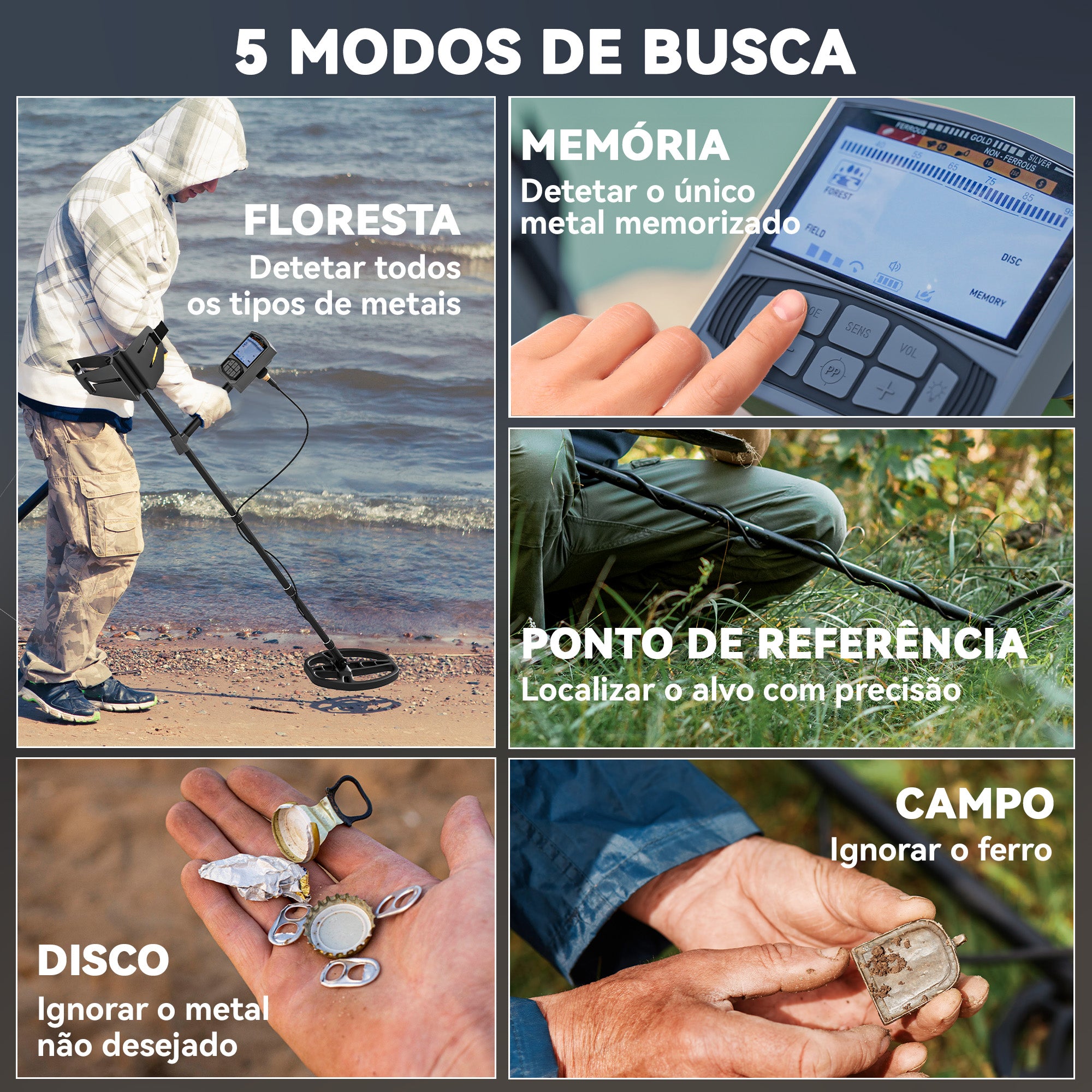 Detector de Metais IP68 com 5 Modos 28x21x48-130 cm Cinzento