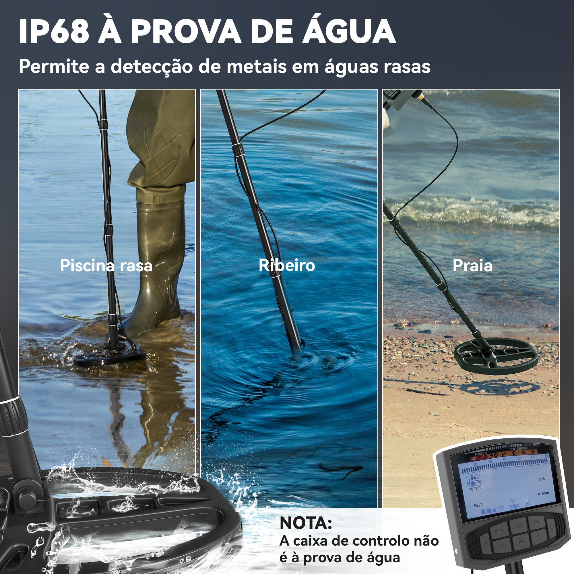 Detector de Metais IP68 com 5 Modos 28x21x48-130 cm Cinzento