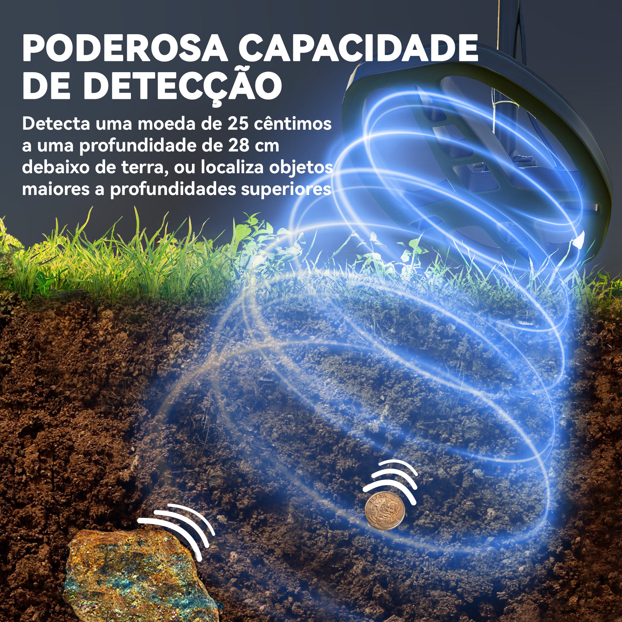 Detector de Metais IP68 com 5 Modos 28x21x48-130 cm Cinzento