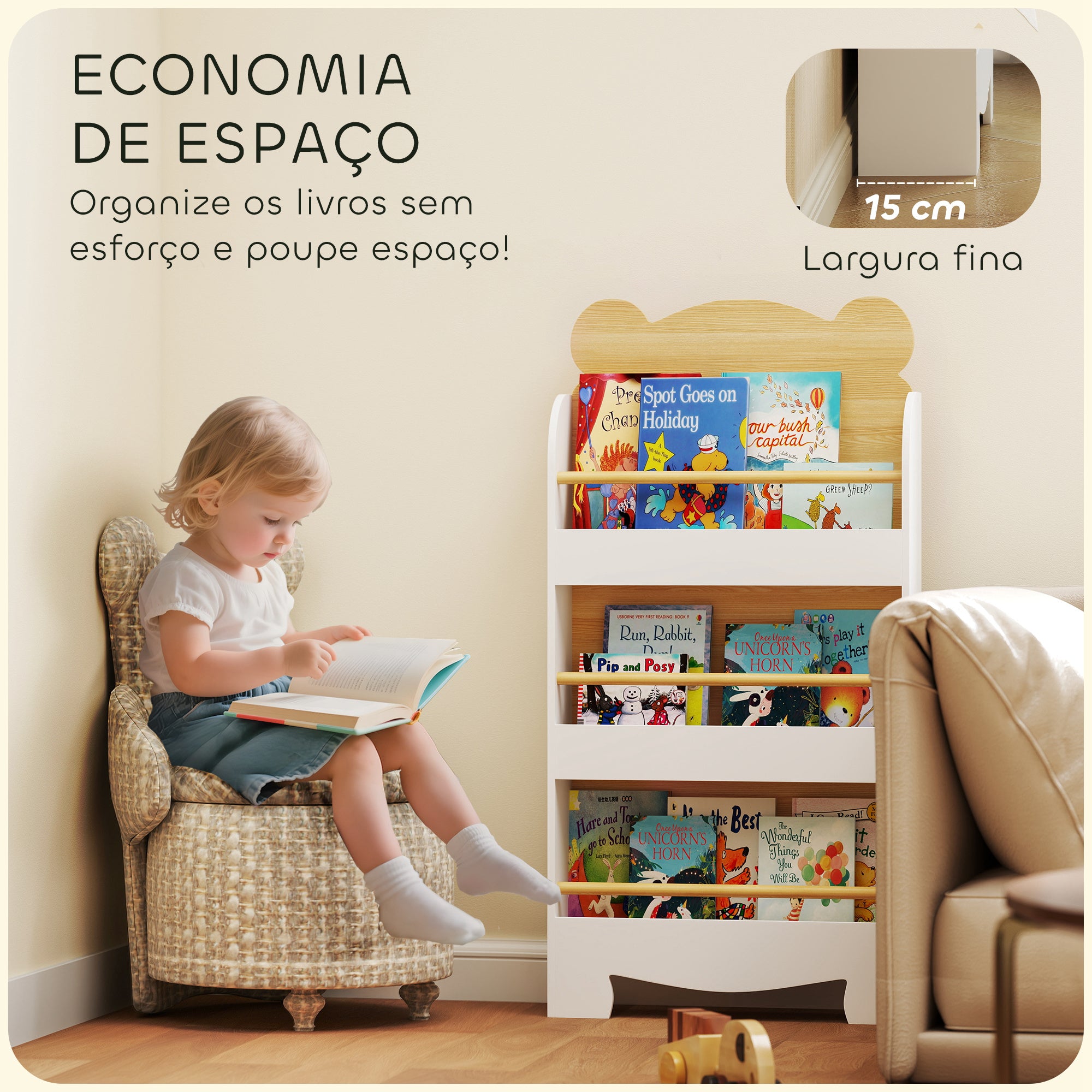 Estante Infantil de 3 Níveis 55x15x110 cm Madeira e Branco