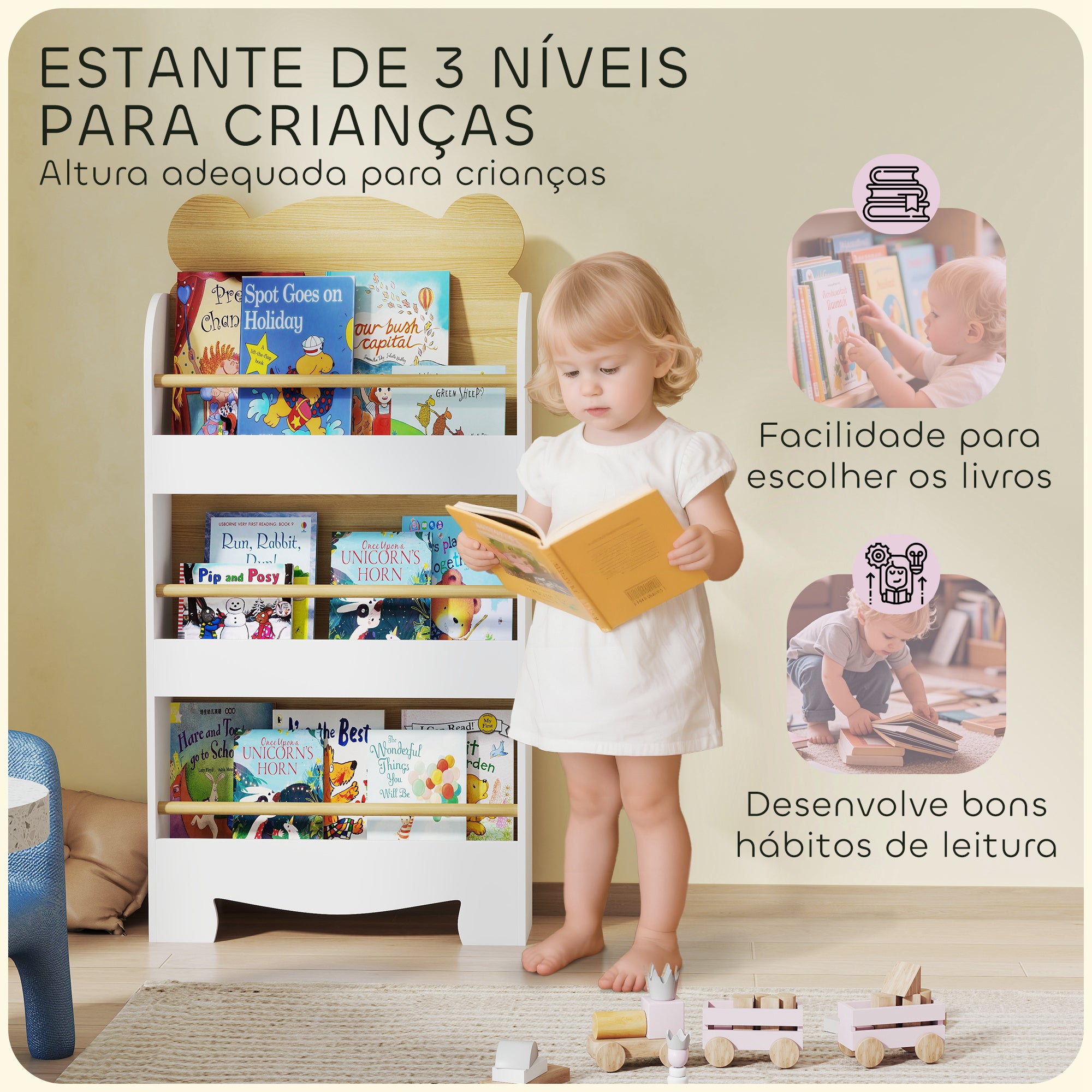 Estante Infantil de 3 Níveis 55x15x110 cm Madeira e Branco