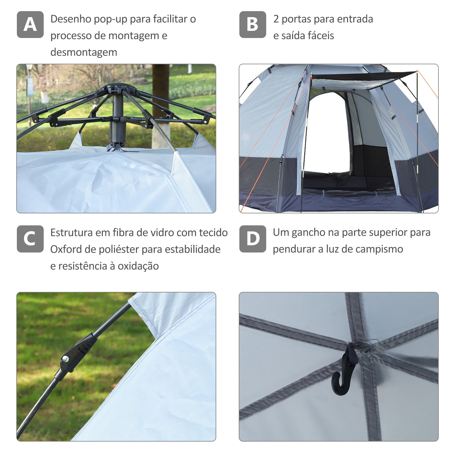 Tenda de Campismo para 2 Pessoas - 260x260x150 cm - Preto e Cinza