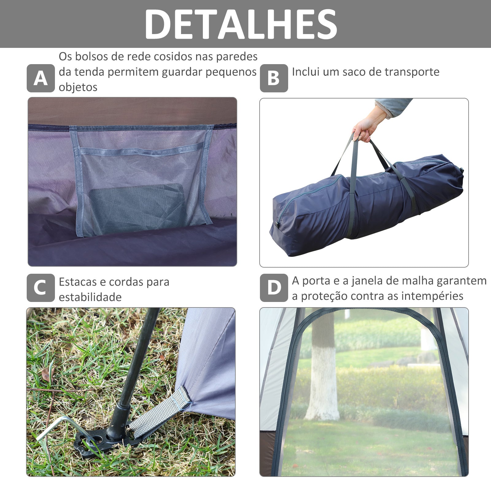 Tenda de Campismo para 2 Pessoas - 260x260x150 cm - Preto e Cinza