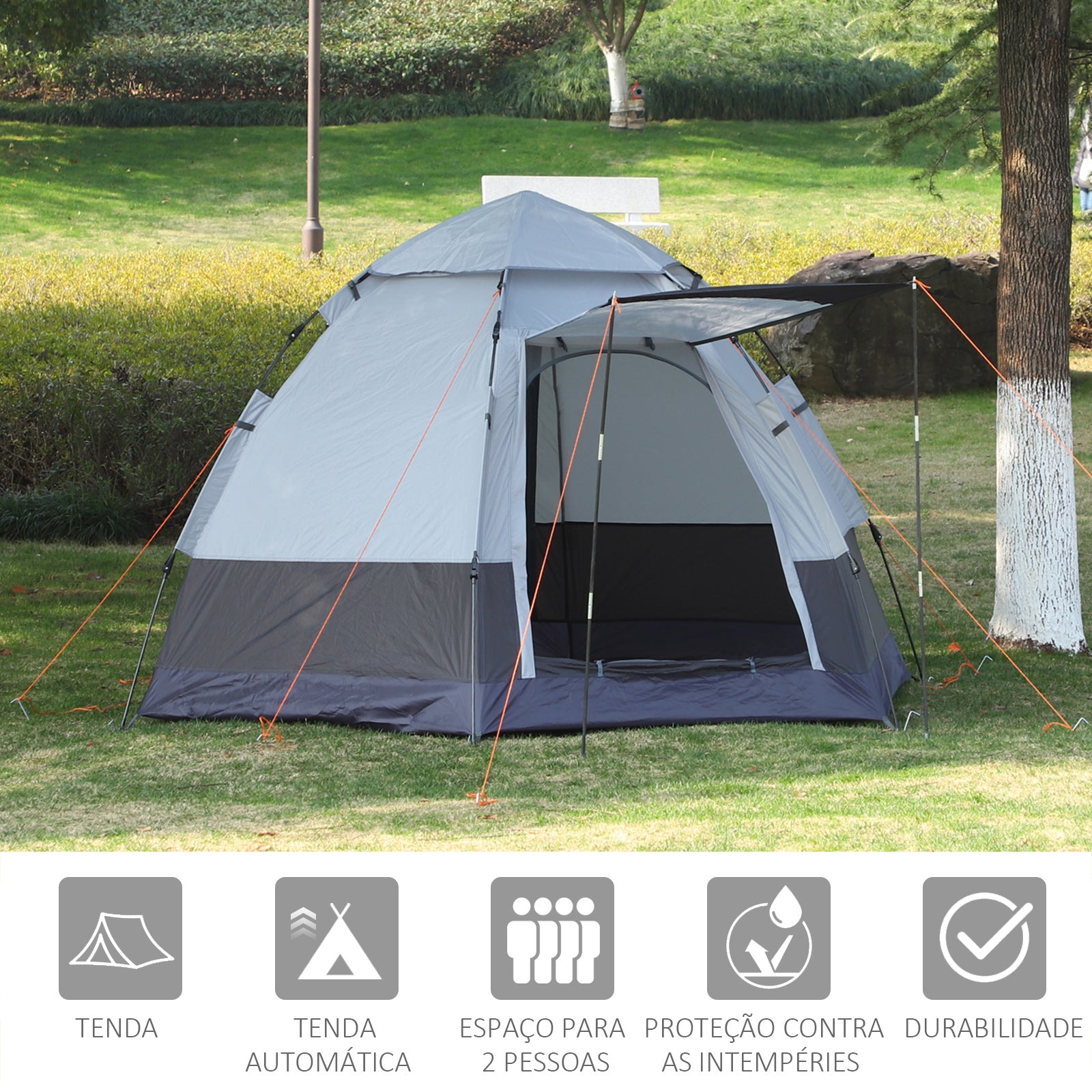 Tenda de Campismo para 2 Pessoas - 260x260x150 cm - Preto e Cinza