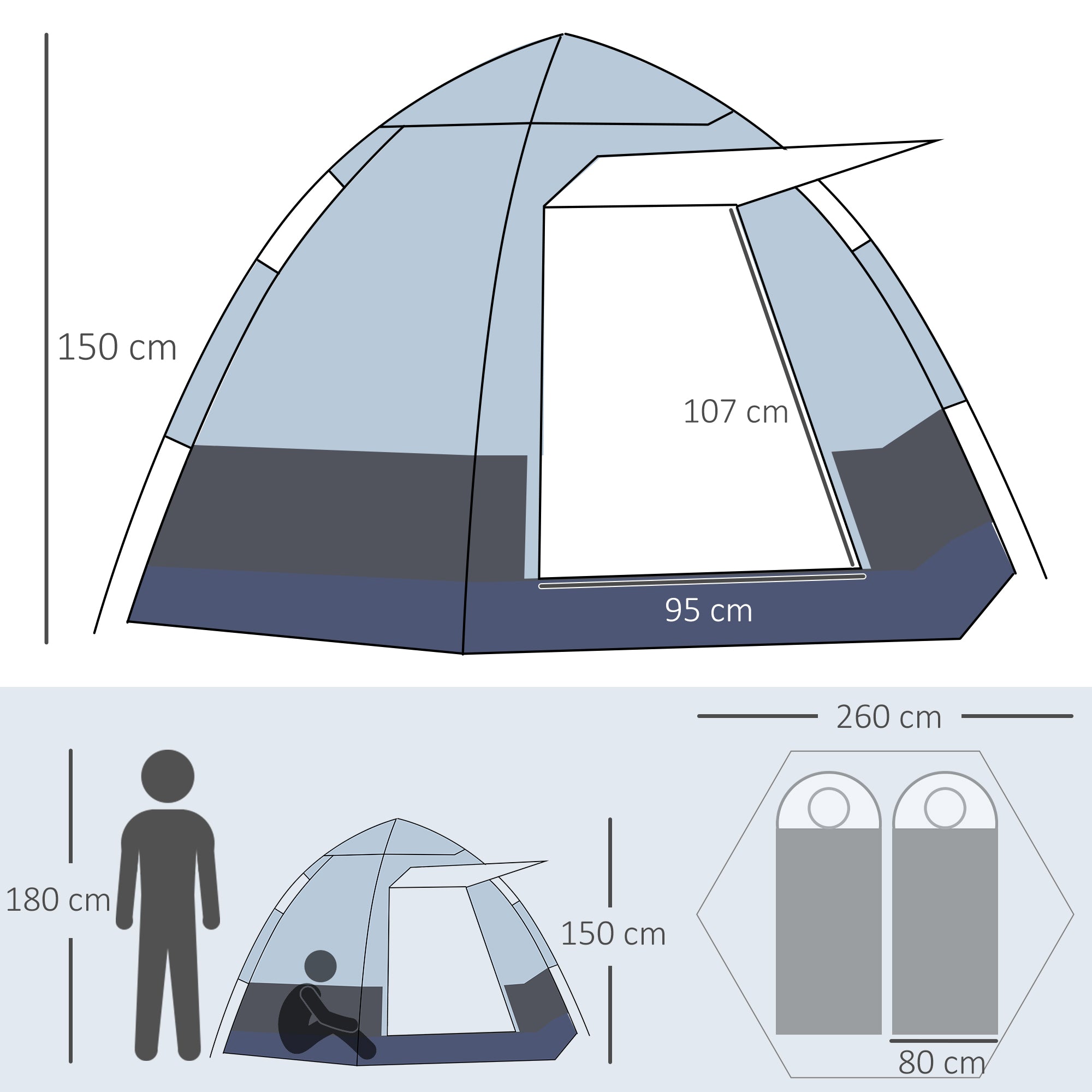 Tenda de Campismo para 2 Pessoas - 260x260x150 cm - Preto e Cinza