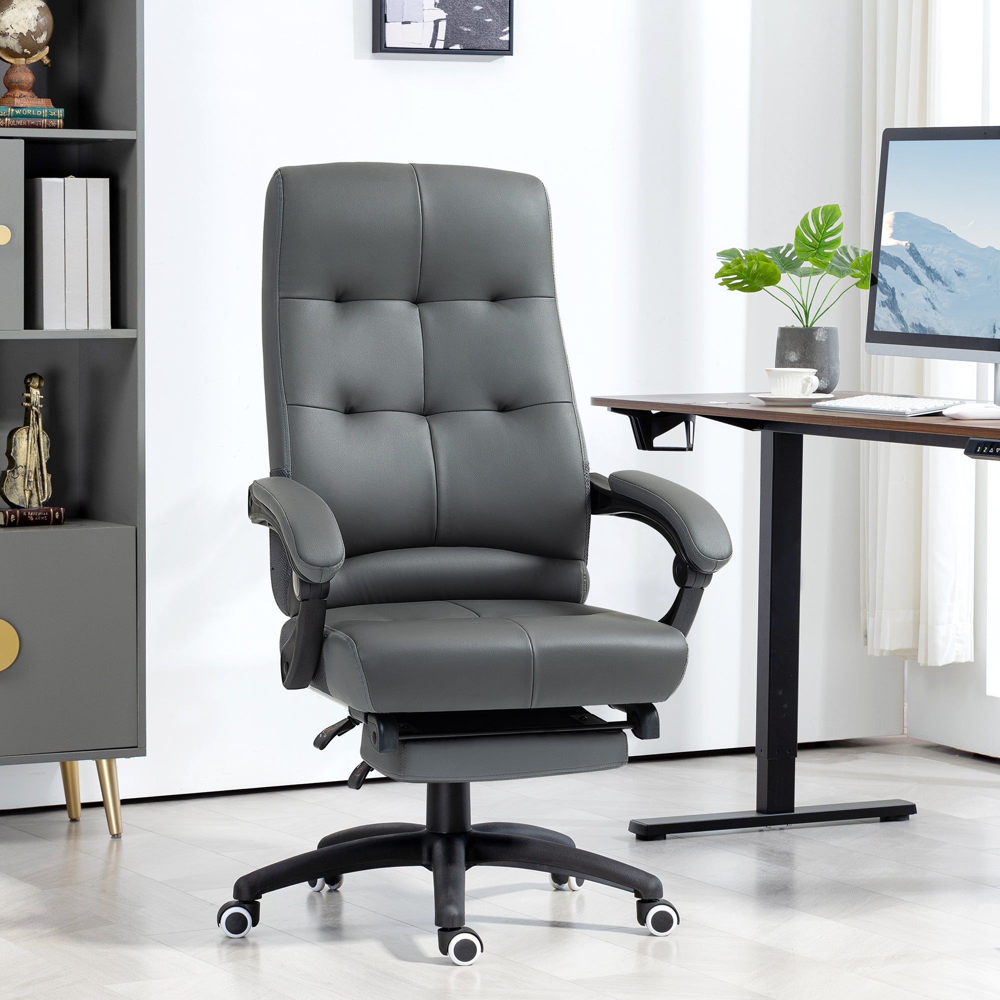 Cadeira de Escritório Ergonômica Reclinável Estofada em PU 65x65x118-125 cm Cinza Escuro