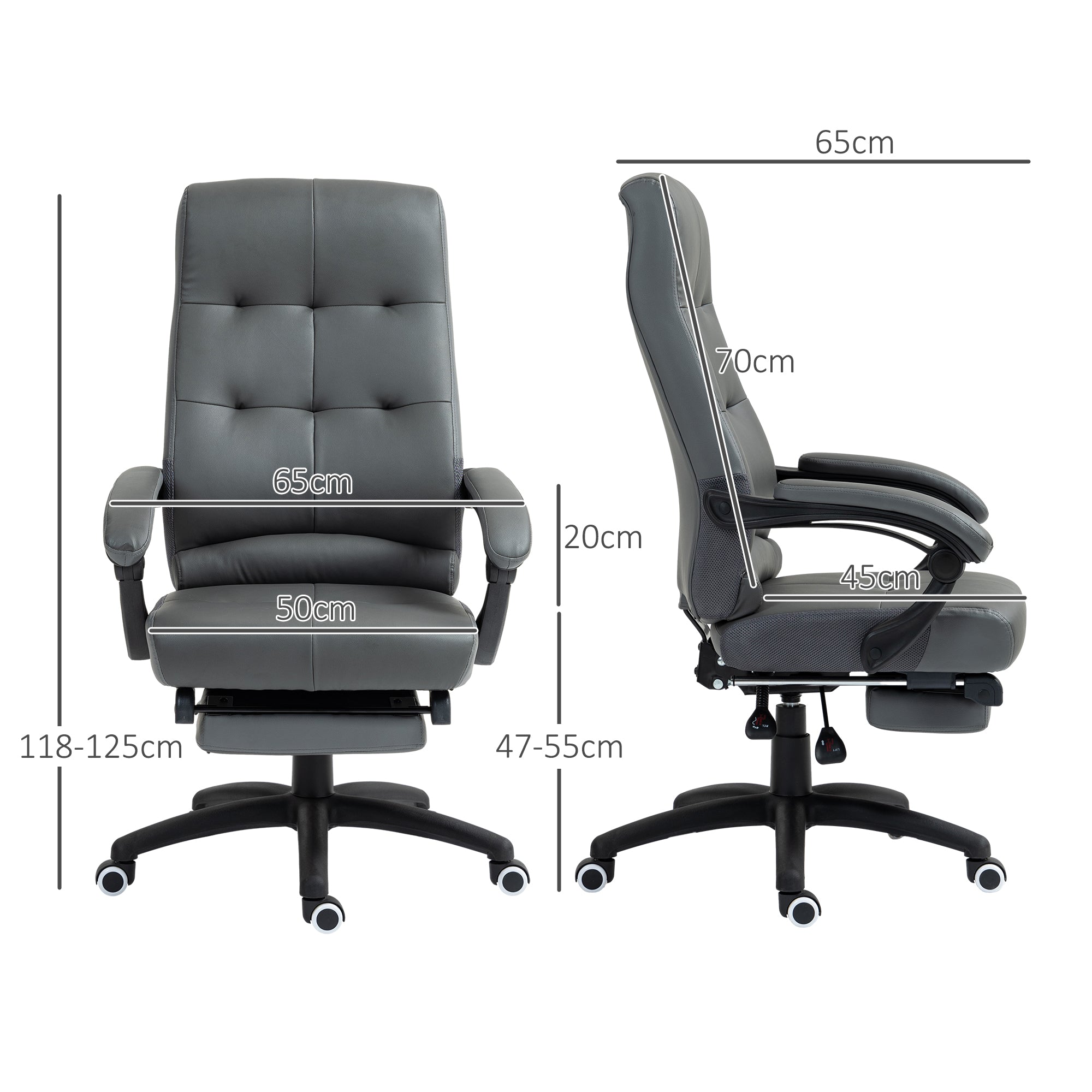 Cadeira de Escritório Ergonômica Reclinável Estofada em PU 65x65x118-125 cm Cinza Escuro