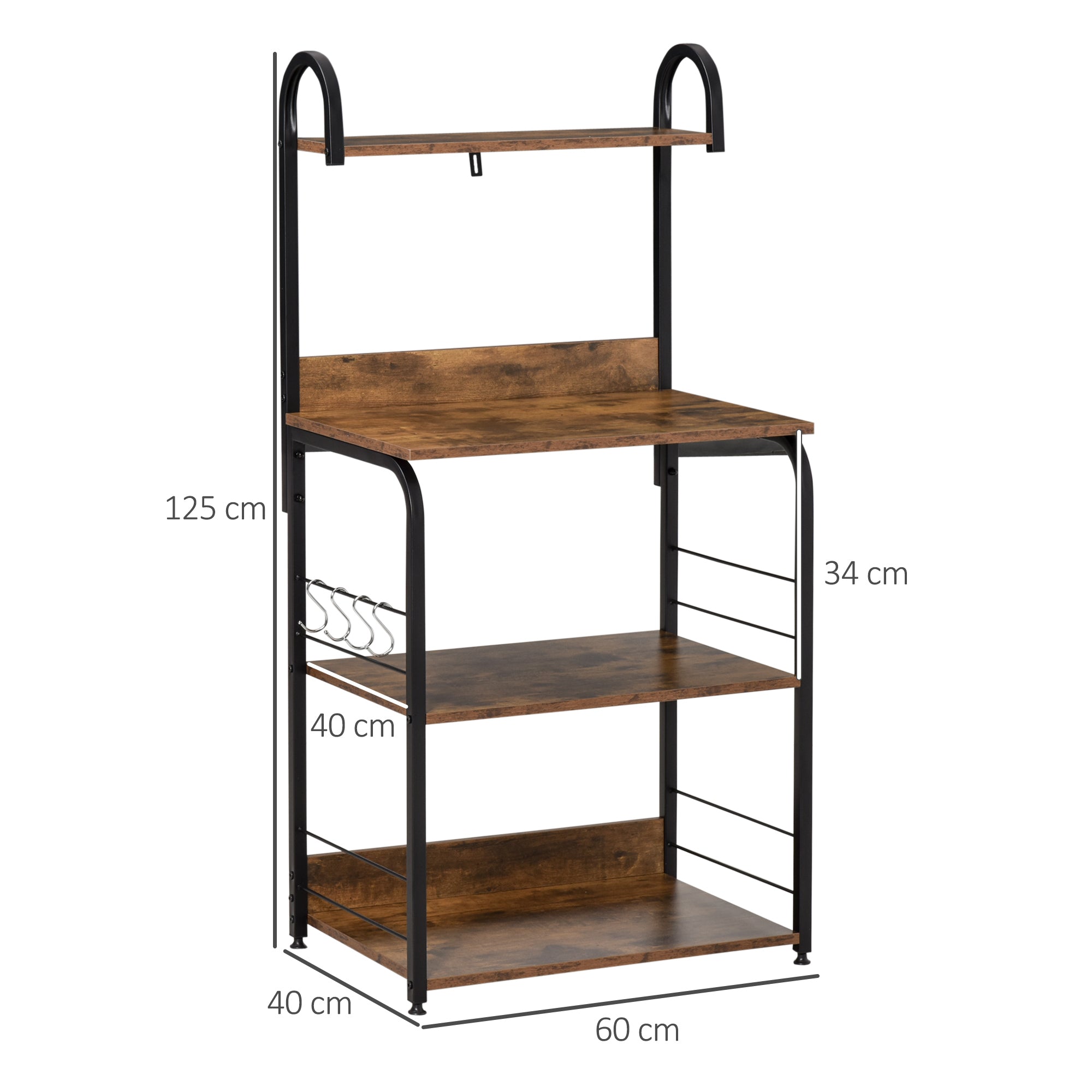 Estante de Cozinha – 60x40x125 cm – Marrom Rústico – Melamina de madeira e metal