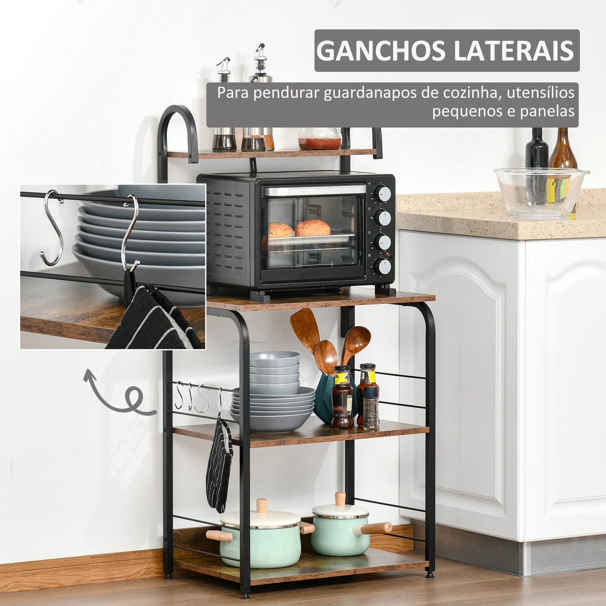 Estante de Cozinha – 60x40x125 cm – Marrom Rústico – Melamina de madeira e metal