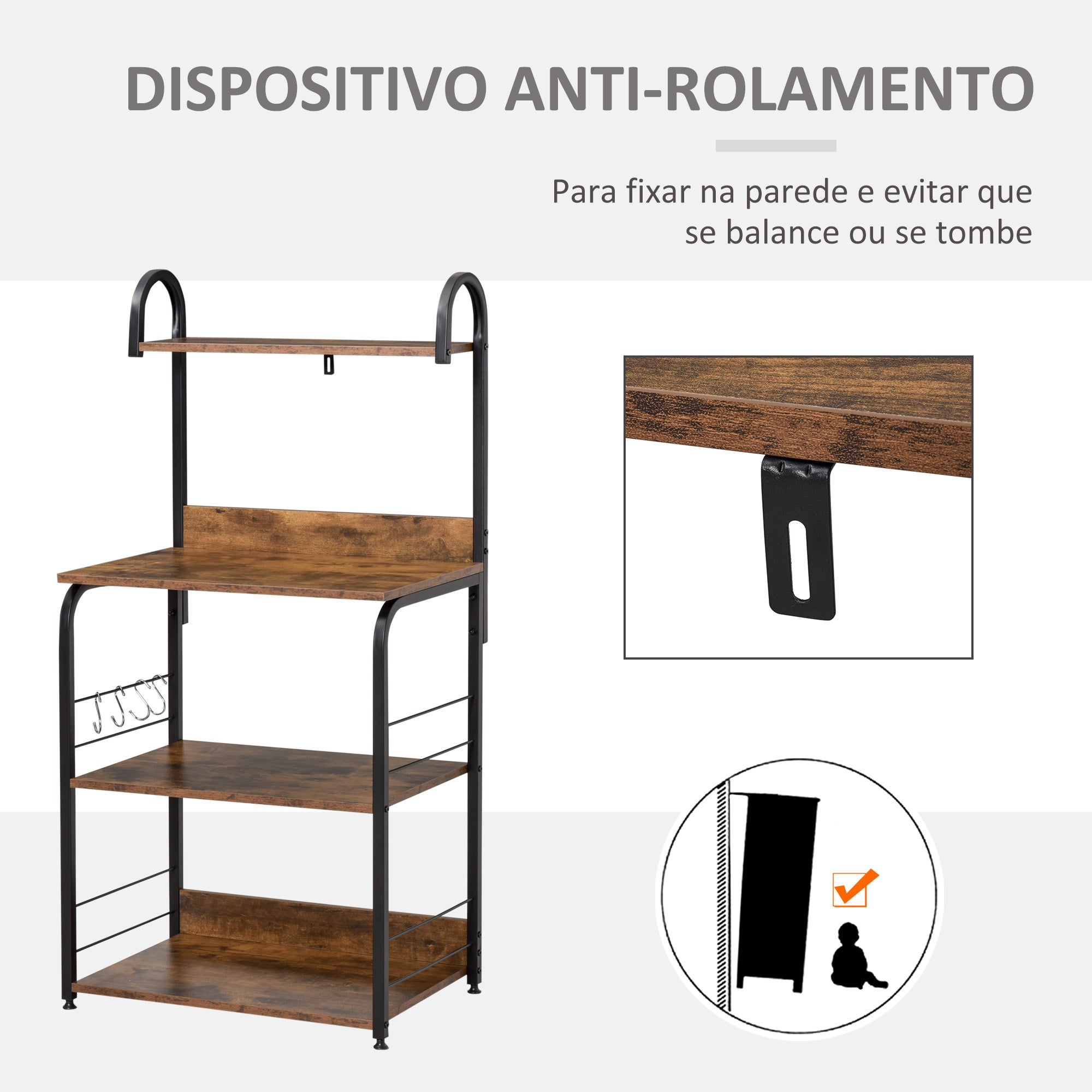 Estante de Cozinha – 60x40x125 cm – Marrom Rústico – Melamina de madeira e metal