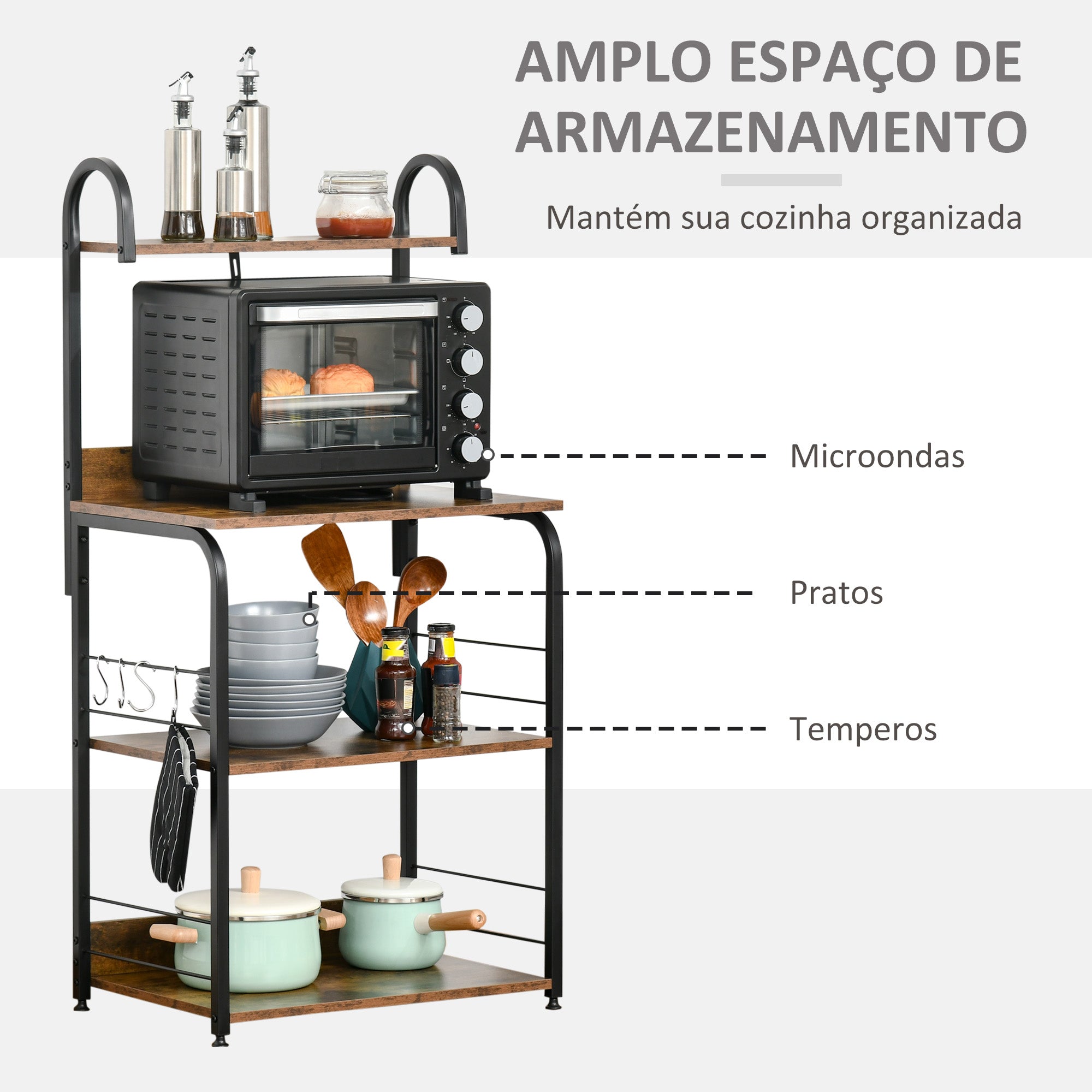 Estante de Cozinha – 60x40x125 cm – Marrom Rústico – Melamina de madeira e metal