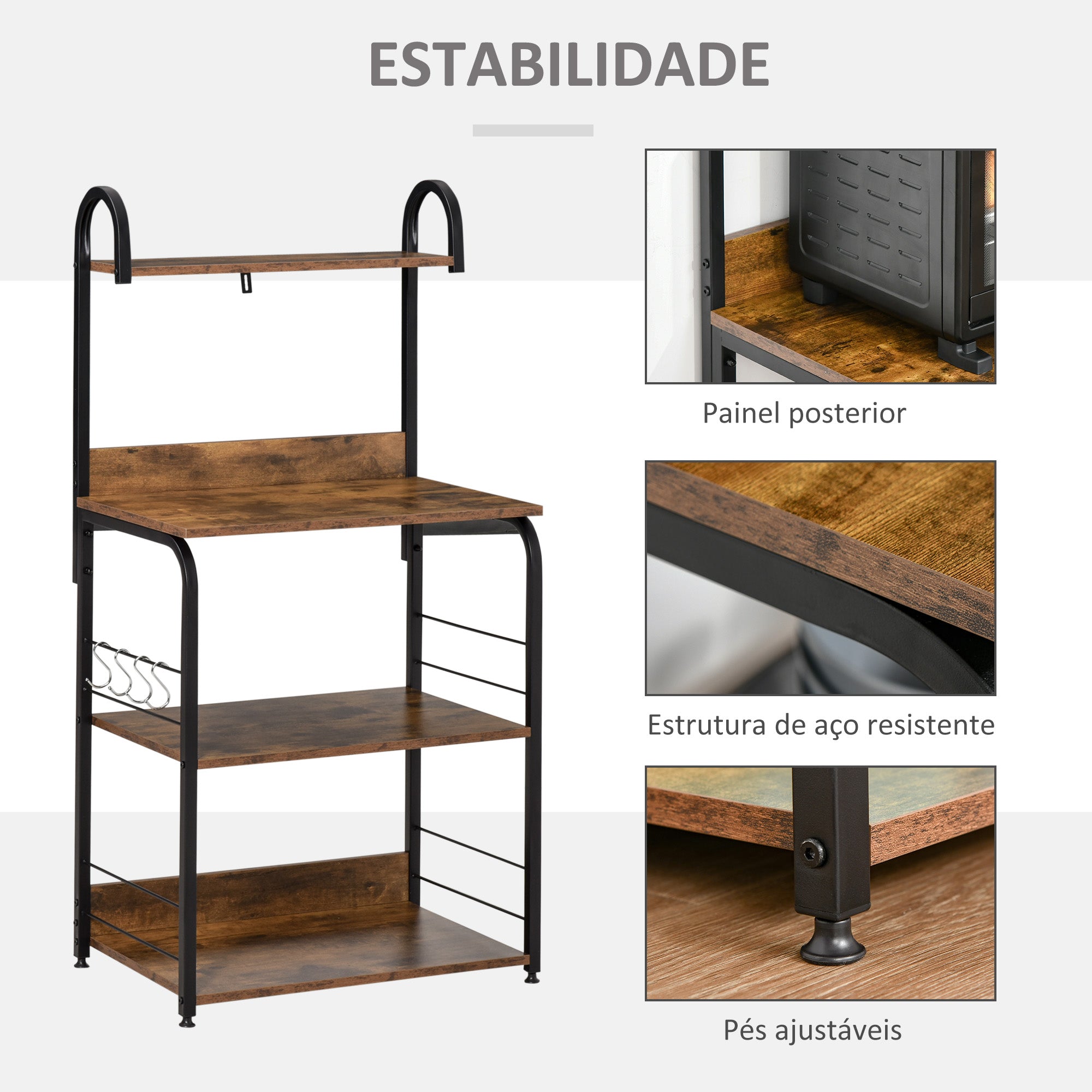 Estante de Cozinha – 60x40x125 cm – Marrom Rústico – Melamina de madeira e metal