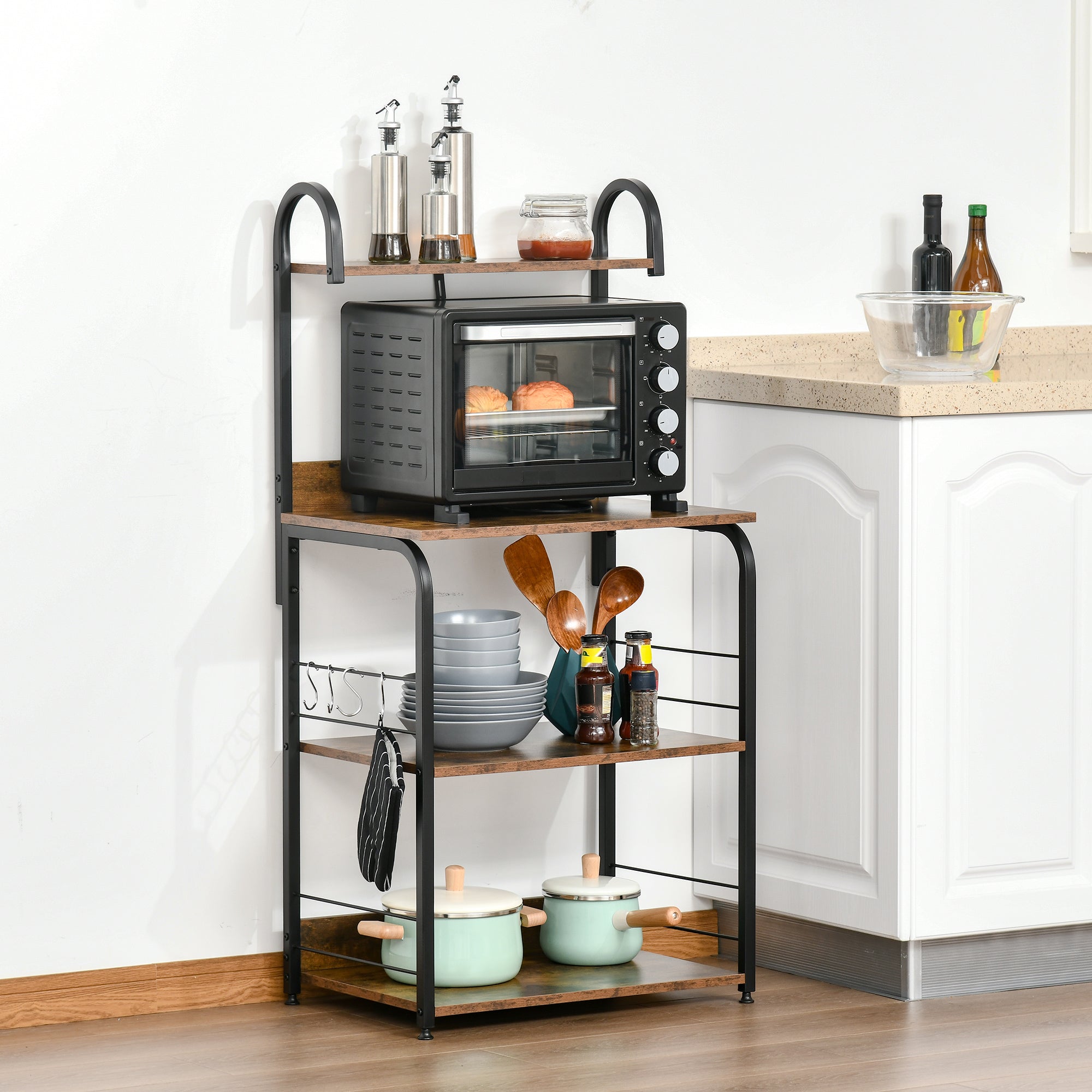 Estante de Cozinha – 60x40x125 cm – Marrom Rústico – Melamina de madeira e metal