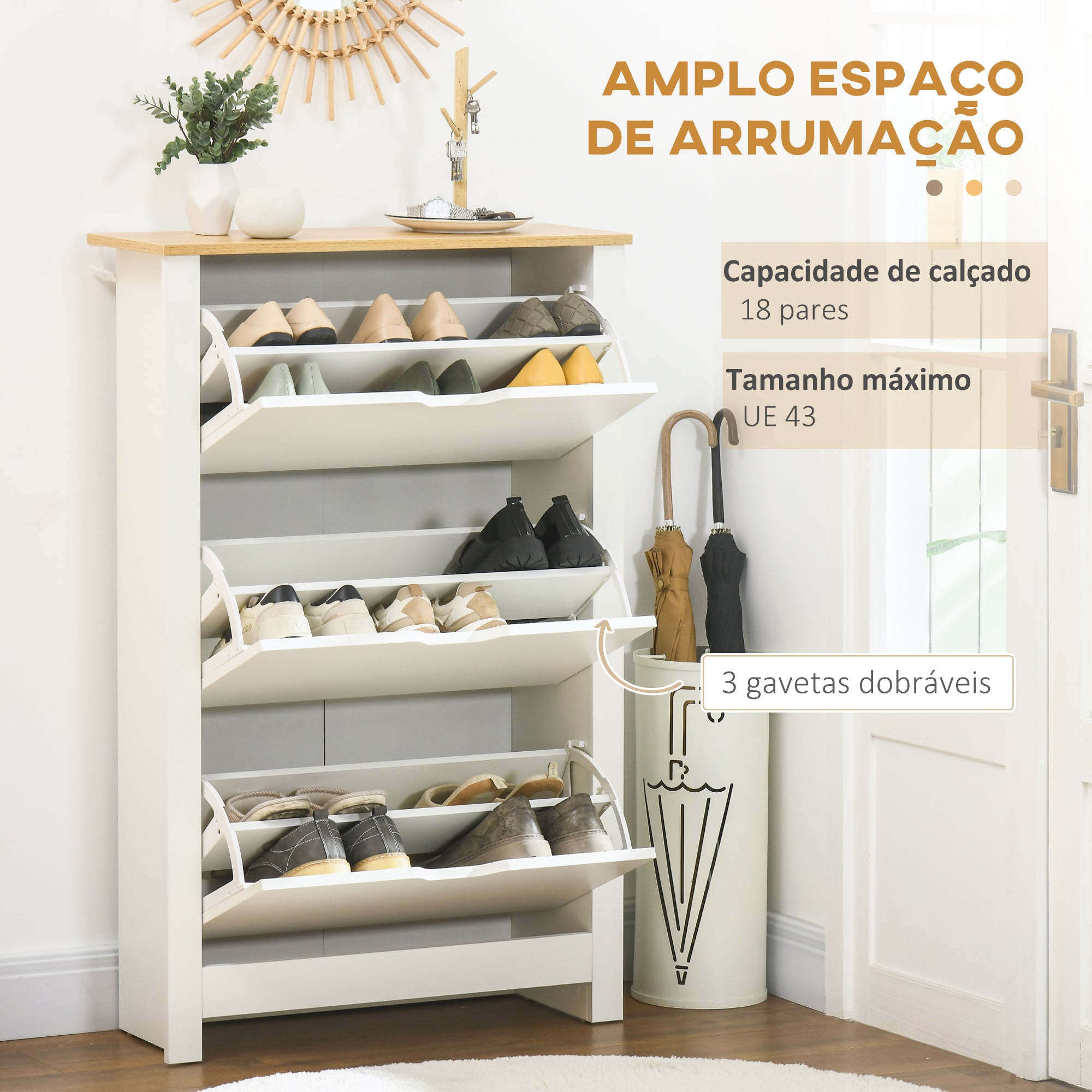Sapateira Estreita Branca com 3 Gavetas Basculantes - 72x26x112 cm