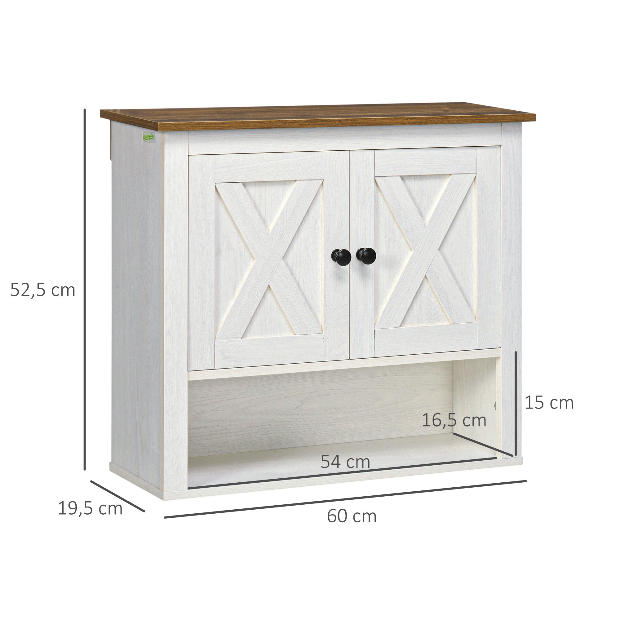 Armário de Parede Casa de Banho Estilo Campestre Branco e Madeira 60x19,5x52,5 cm
