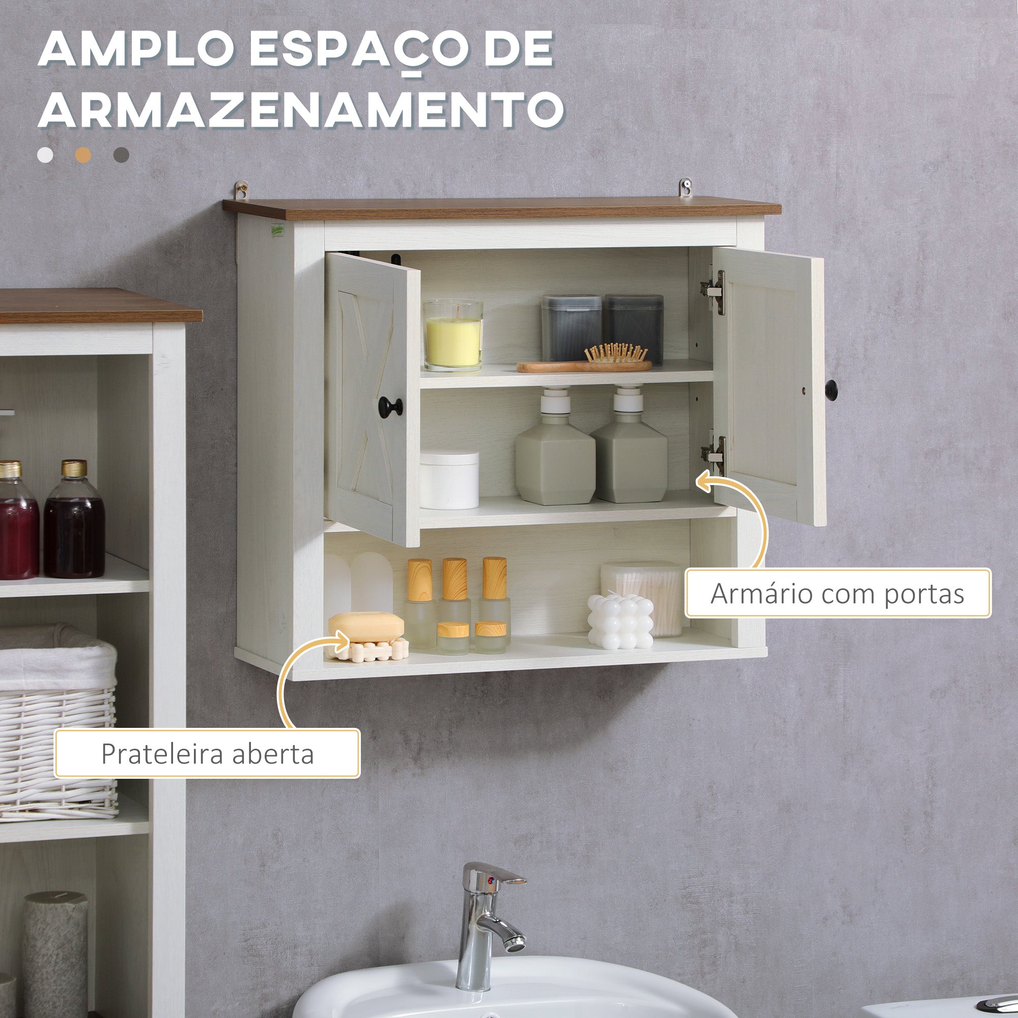 Armário de Parede Casa de Banho Estilo Campestre Branco e Madeira 60x19,5x52,5 cm