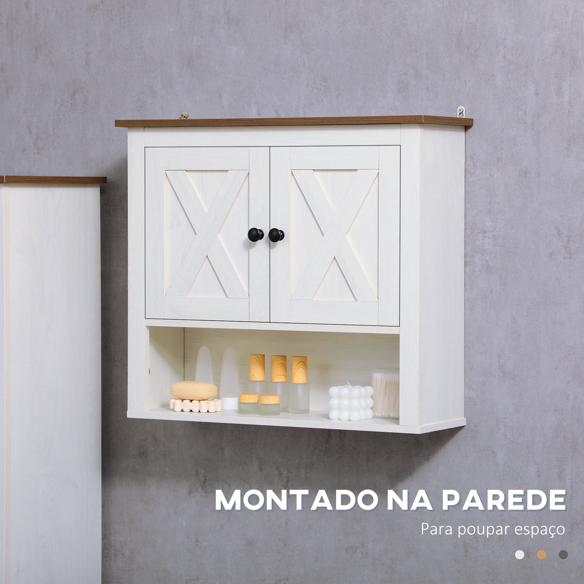 Armário de Parede Casa de Banho Estilo Campestre Branco e Madeira 60x19,5x52,5 cm
