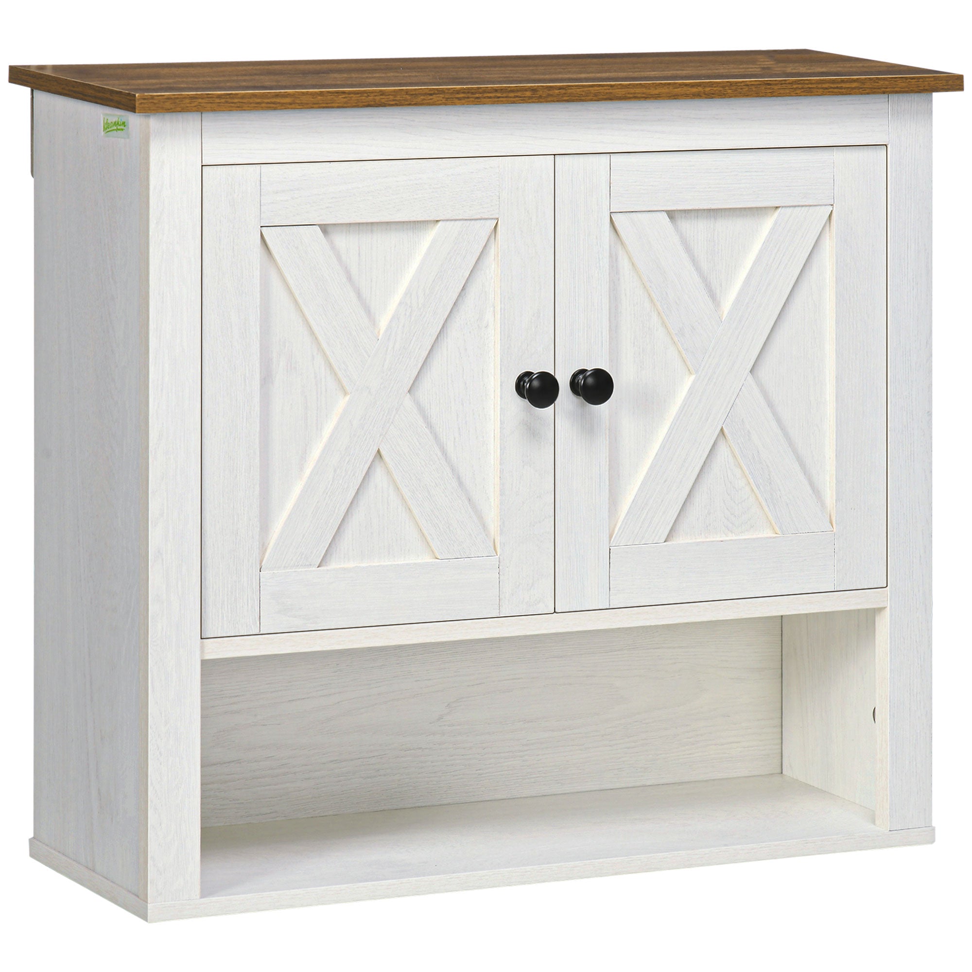 Armário de Parede Casa de Banho Estilo Campestre Branco e Madeira 60x19,5x52,5 cm