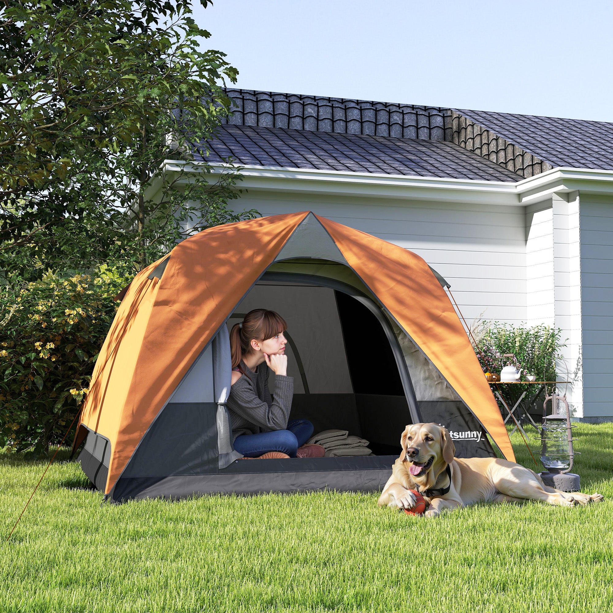 Tenda de Campismo Dobrável 200x200x135 cm - Laranja e Cinzento