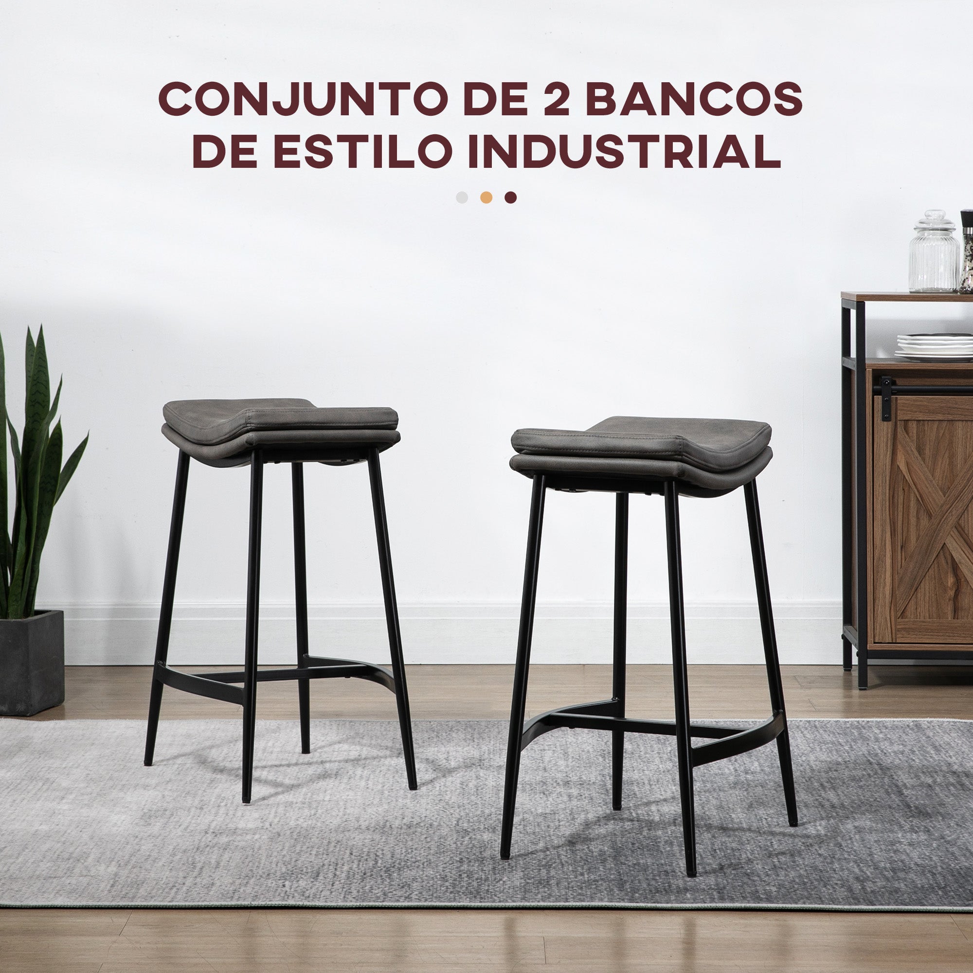 Conjunto de 2 Bancos Altos de Cozinha – 48,5x38,5x68,5 cm – Cinza – Microfibra, Aço