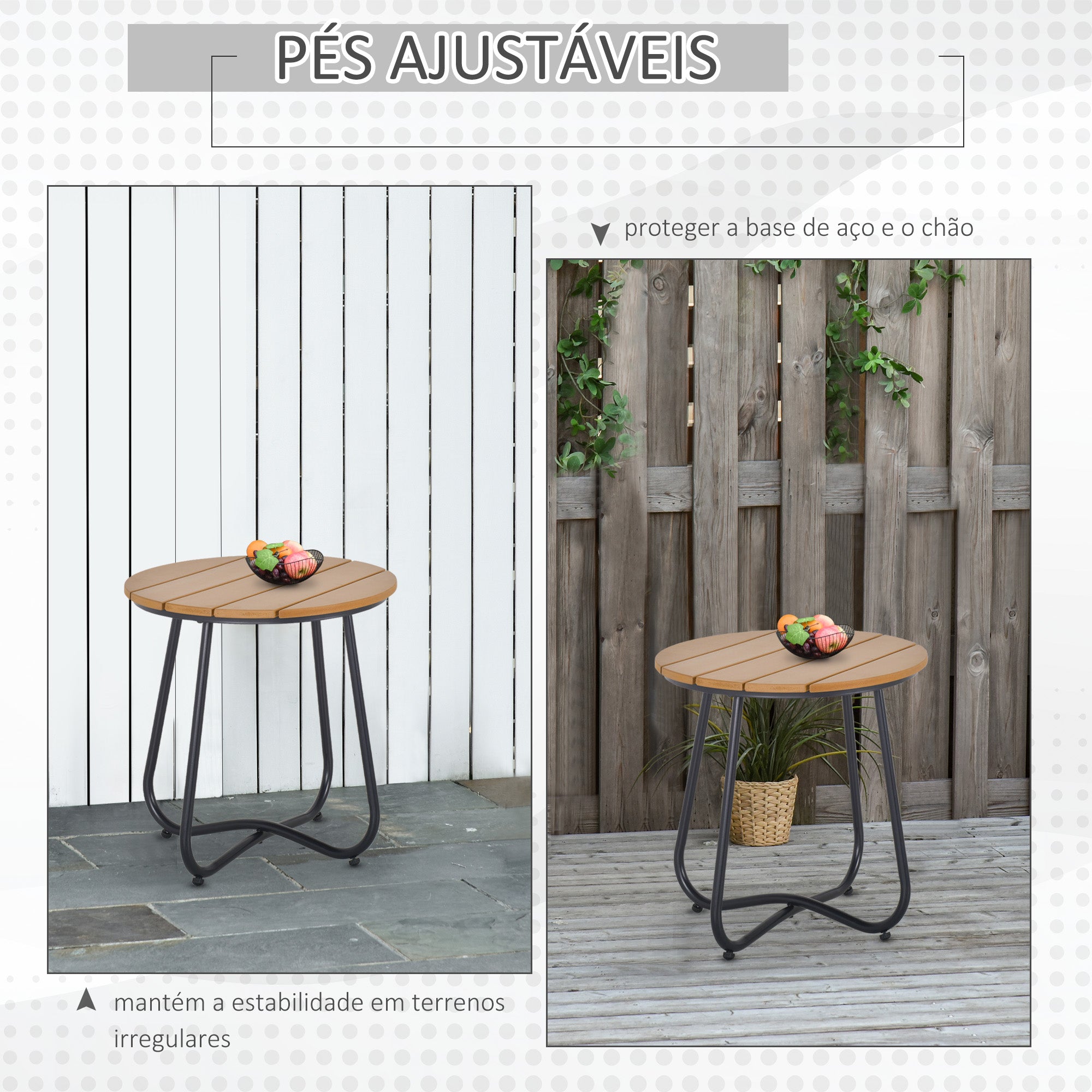Mesa Auxiliar Redonda para Jardim - Madeira e Preto - Ø49x48 cm