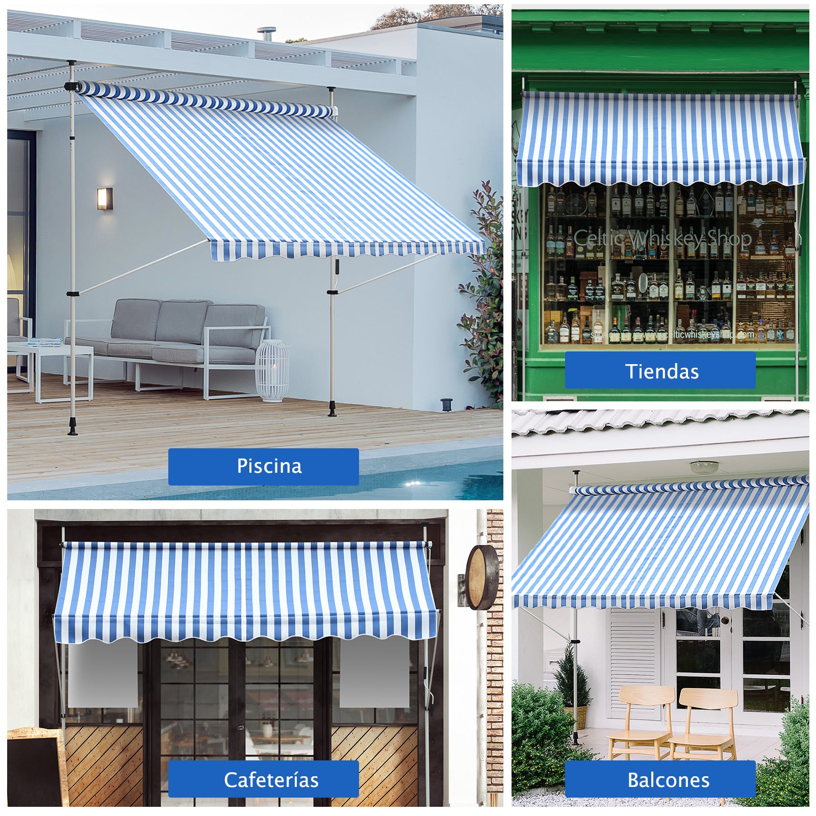 Toldo Dobrável de Janela 197x250x200-300cm Azul e Branco