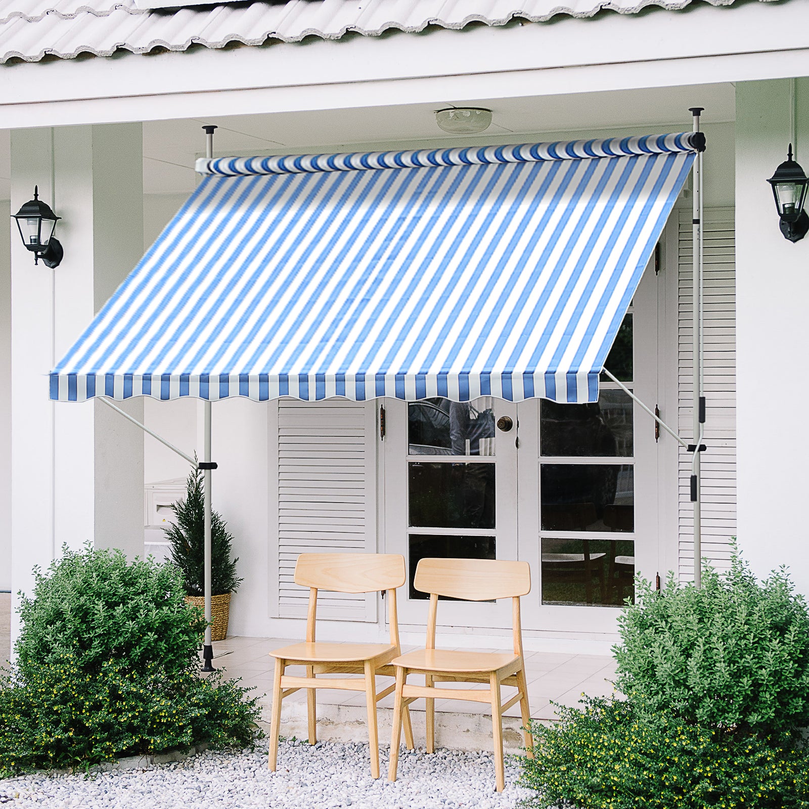 Toldo Dobrável de Janela 197x250x200-300cm Azul e Branco