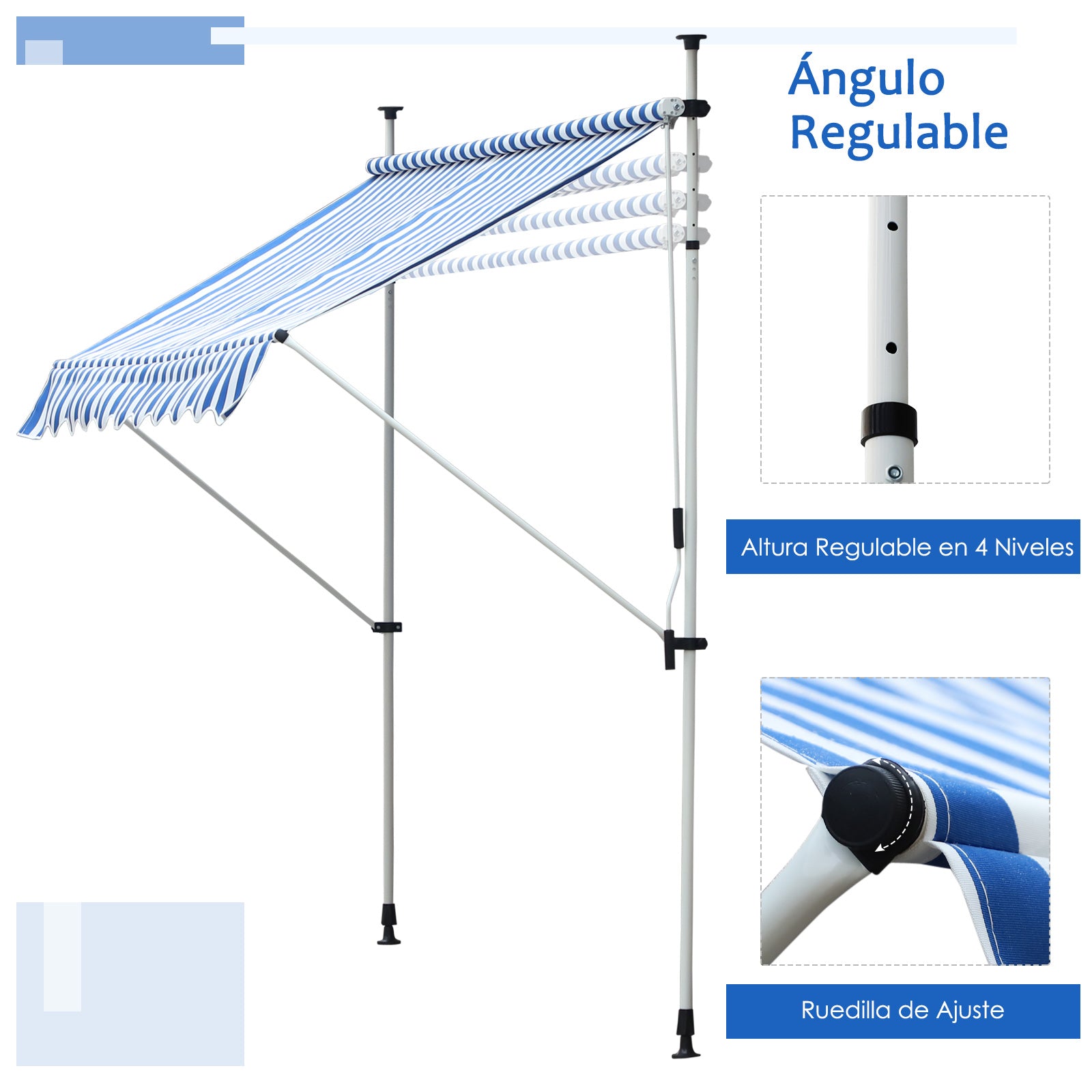 Toldo Dobrável de Janela 197x250x200-300cm Azul e Branco