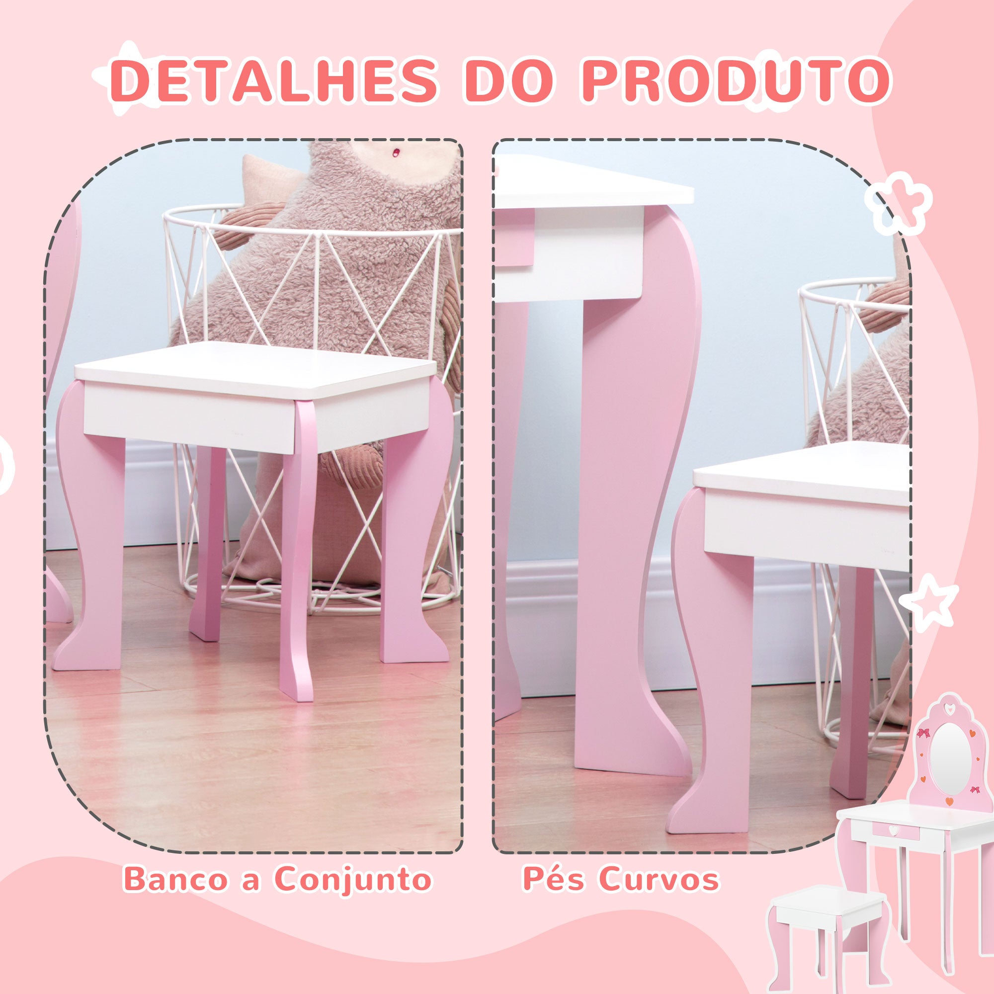 Toucador Infantil com Banco e Espelho 50x36,5x89,5cm - Cor Rosa