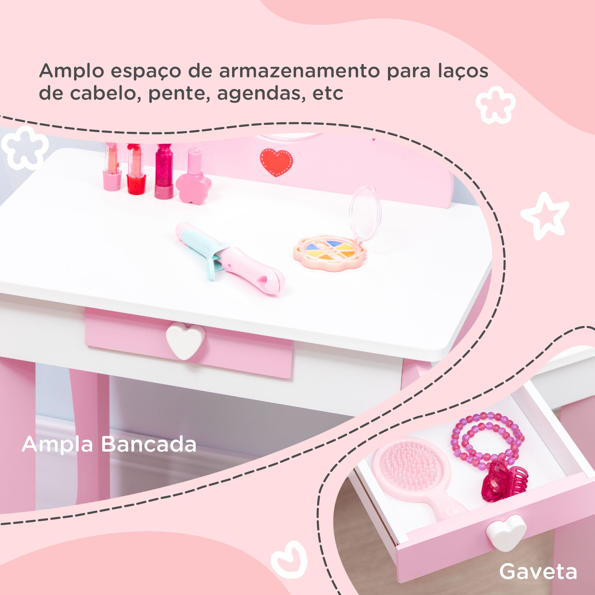 Toucador Infantil com Banco e Espelho 50x36,5x89,5cm - Cor Rosa