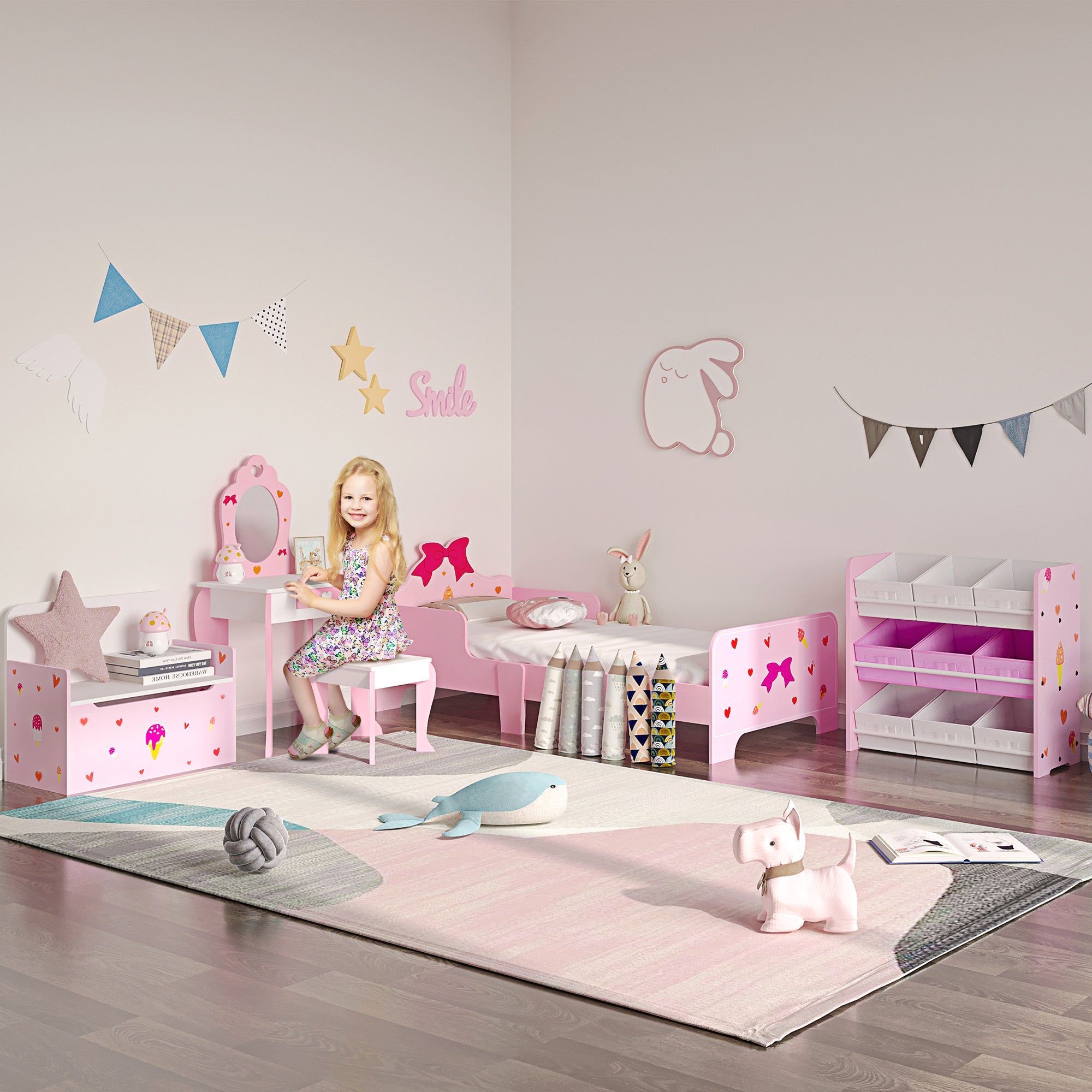Toucador Infantil com Banco e Espelho 50x36,5x89,5cm - Cor Rosa