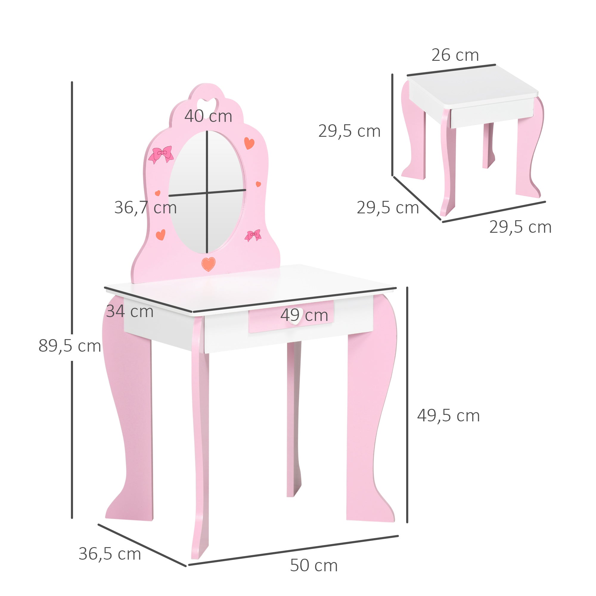 Toucador Infantil com Banco e Espelho 50x36,5x89,5cm - Cor Rosa