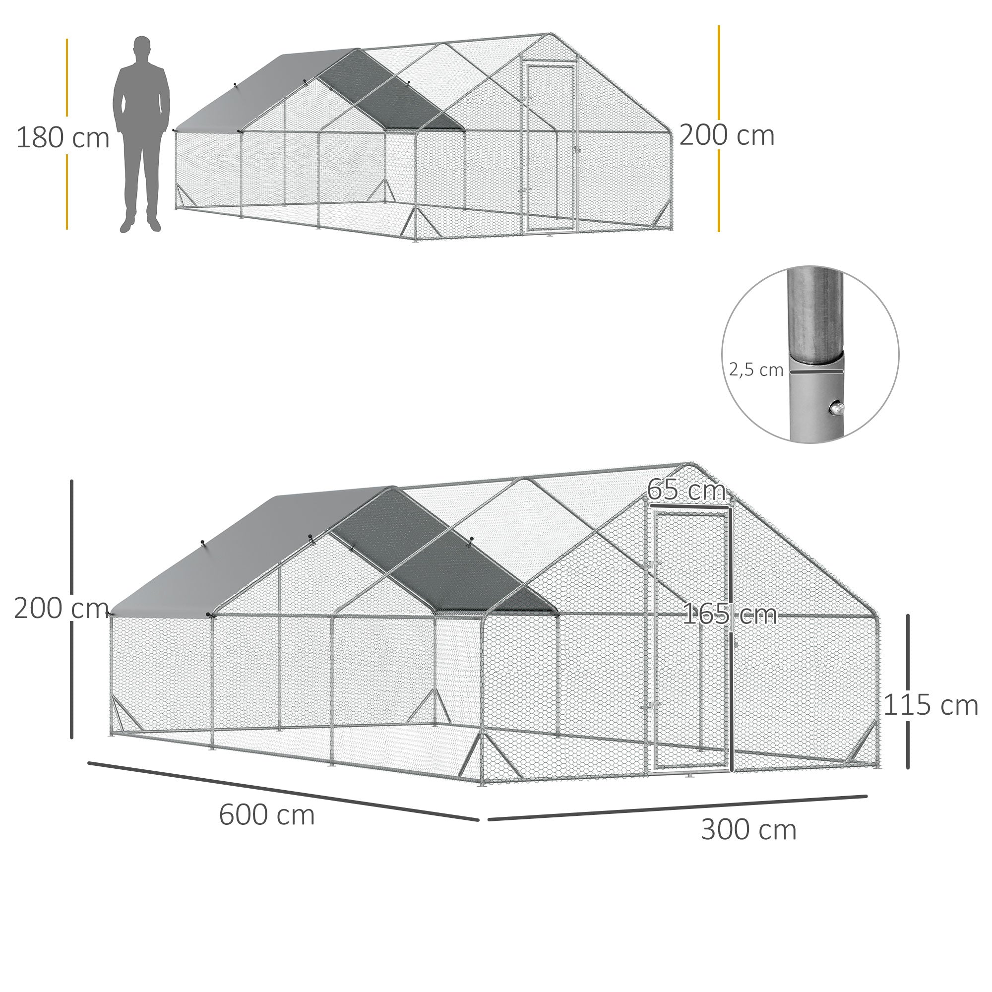Galinheiro Exterior Grande – 300x600x200cm – Prata – Aço